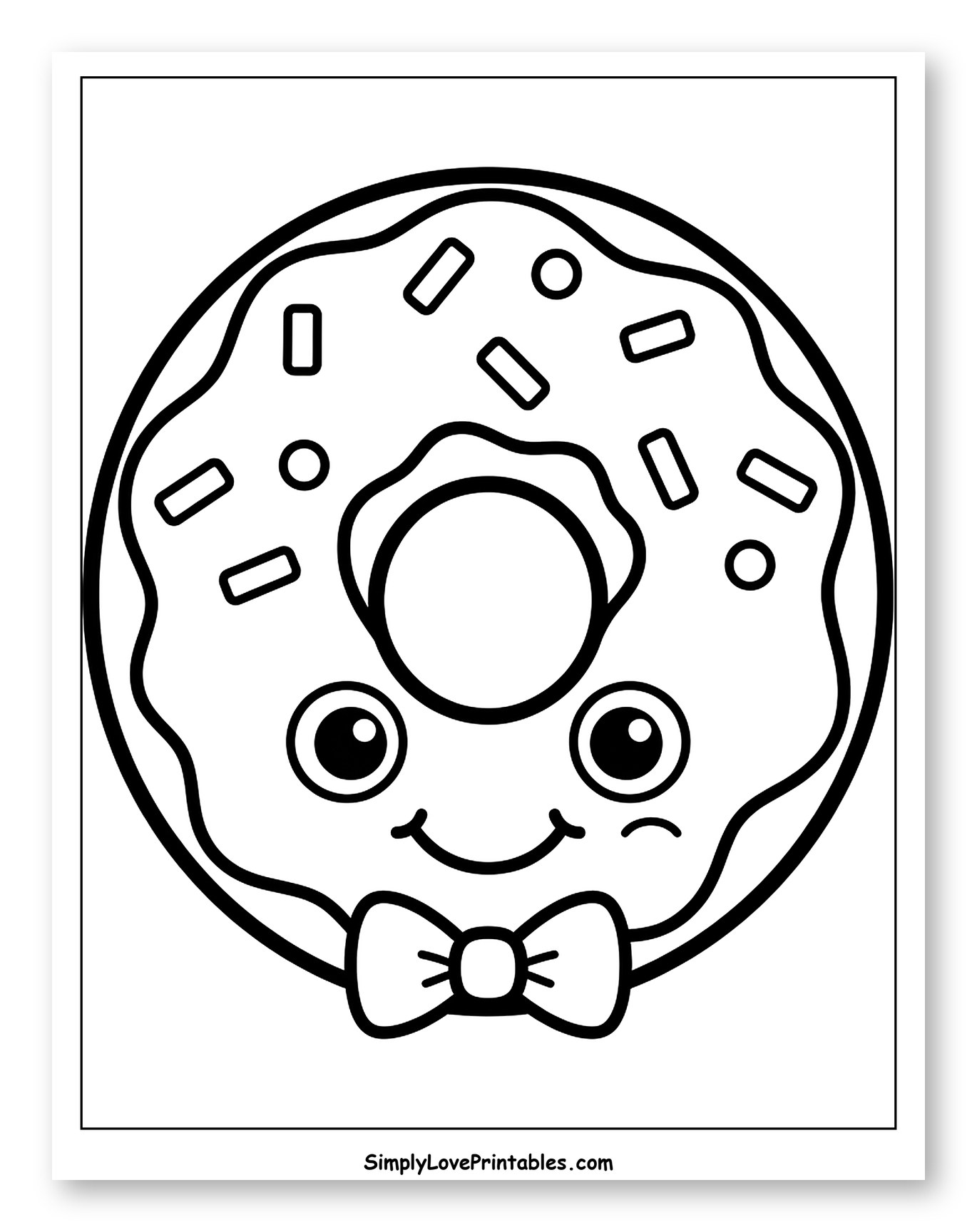 Cute Donut with Sprinkles and Bow Tie Coloring Page for Toddlers