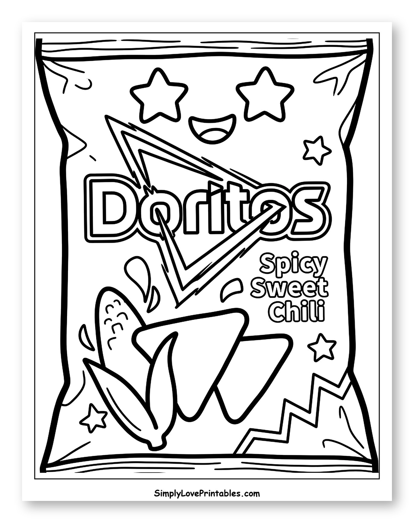 Cute Doritos Bag with Chili Chips Coloring Page for Toddlers