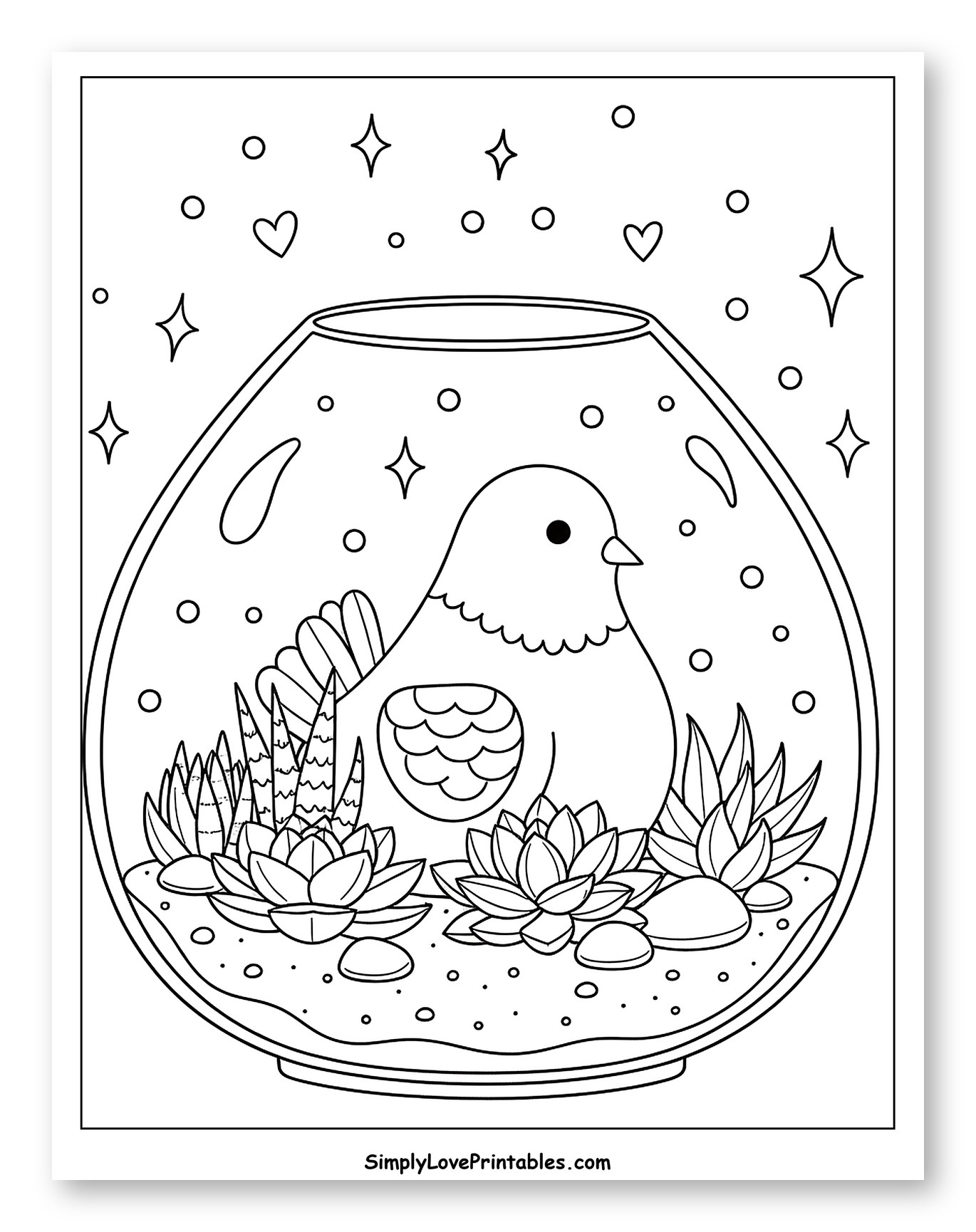 Cute Dove in a Terrarium with Plants Coloring Sheet for Adults