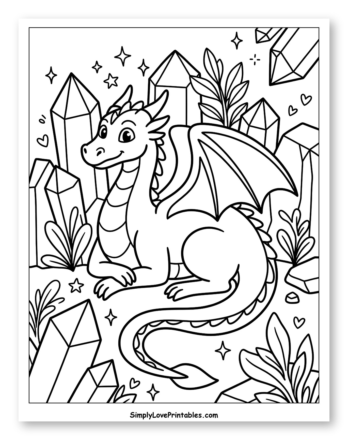 Cute Dragon Among Crystals and Plants to Color for Adults