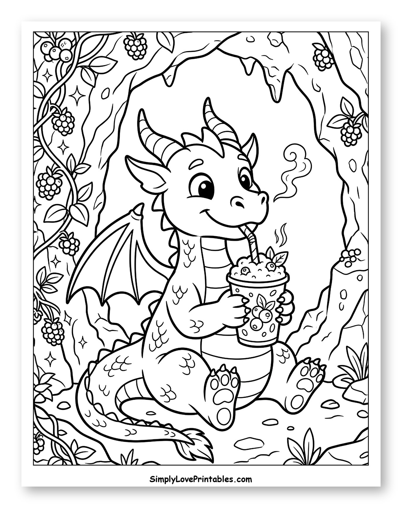 Cute Dragon Drinking Berry Smoothie in Cave Coloring Page for Kids