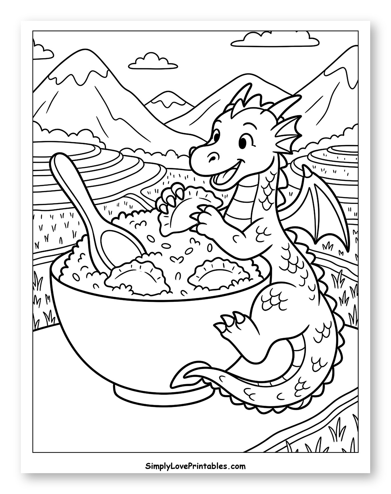 Cute Dragon Eating Dumplings and Rice