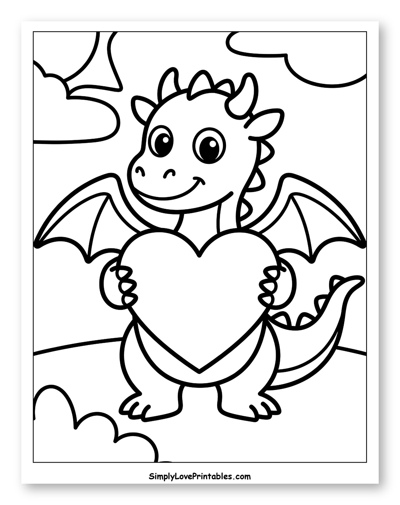 Cute Dragon Holding a Heart in Clouds