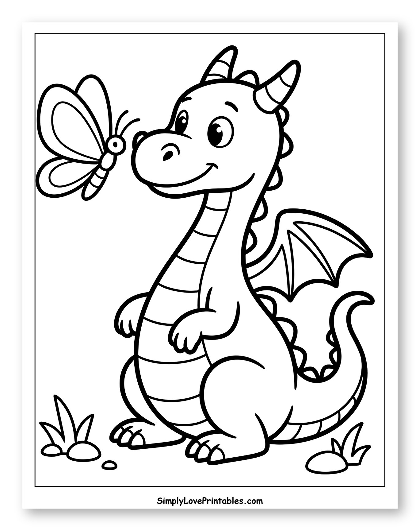 Cute Dragon Looking at a Butterfly Coloring Page for Toddlers