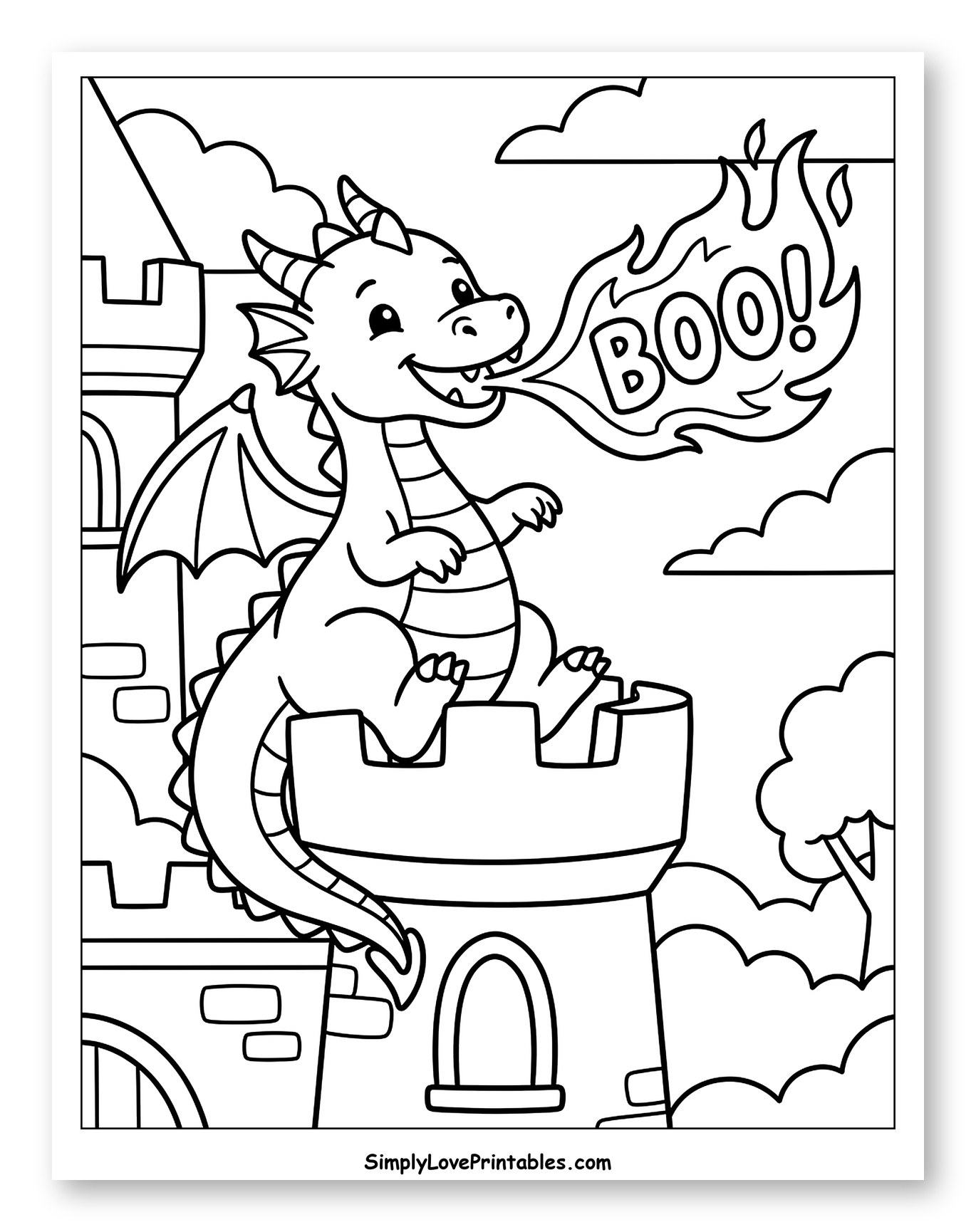Cute Dragon on Castle Tower Saying BOO! Coloring Page for Kids