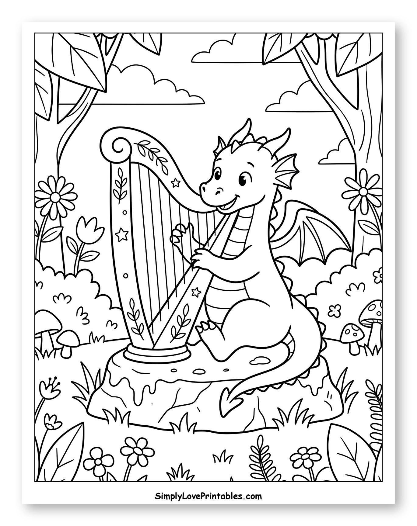 Cute Dragon Playing a Harp in the Forest to Color for Kids