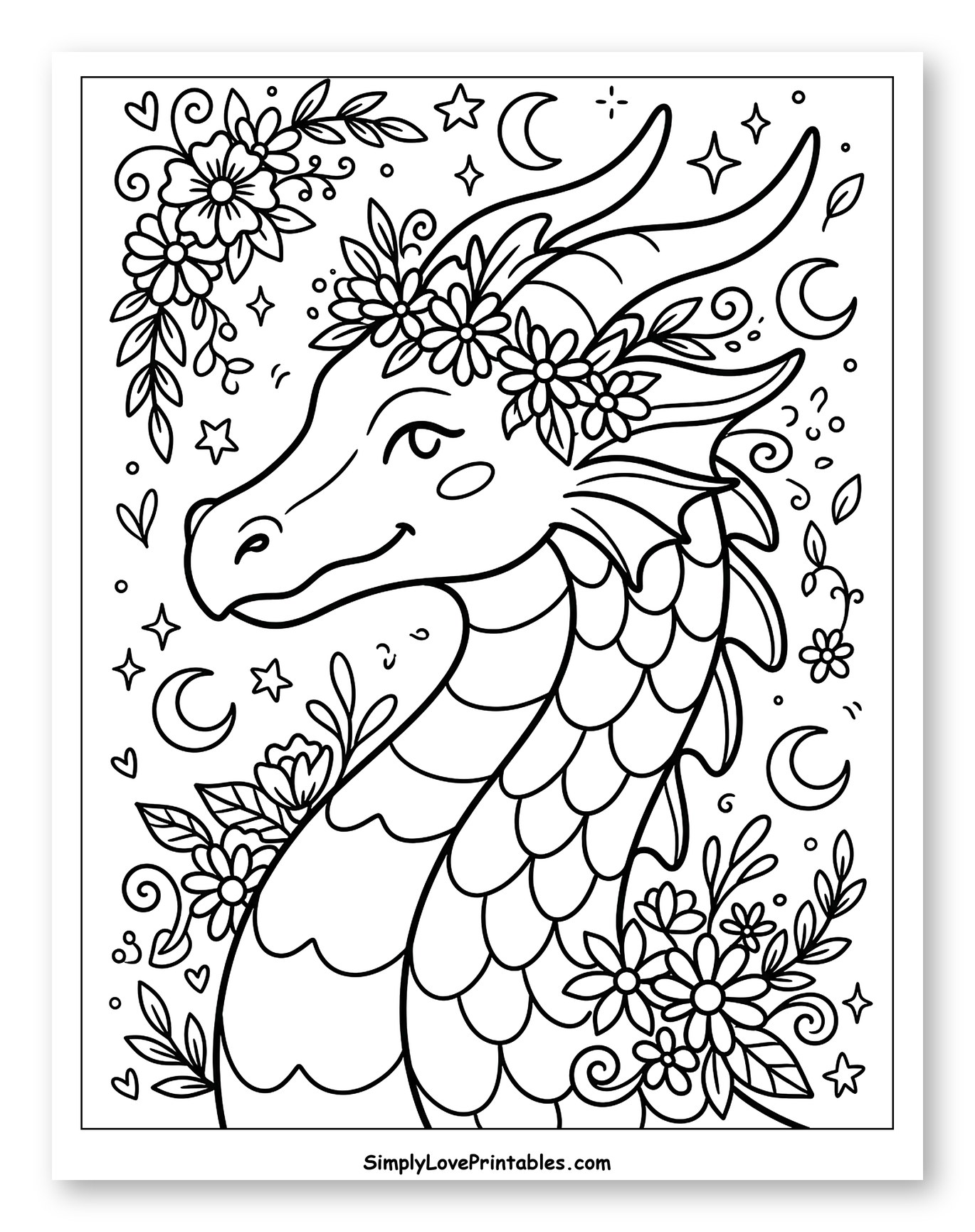 Cute Dragon with Flower Crown and Moons to Color for Adults