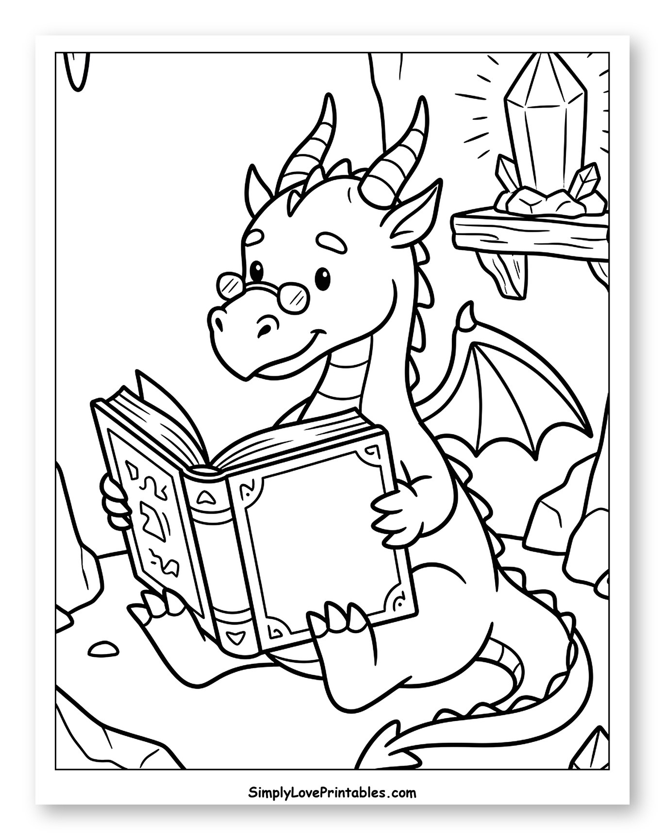 Cute Dragon with Glasses Reading in a Crystal Cave to Color for Kids