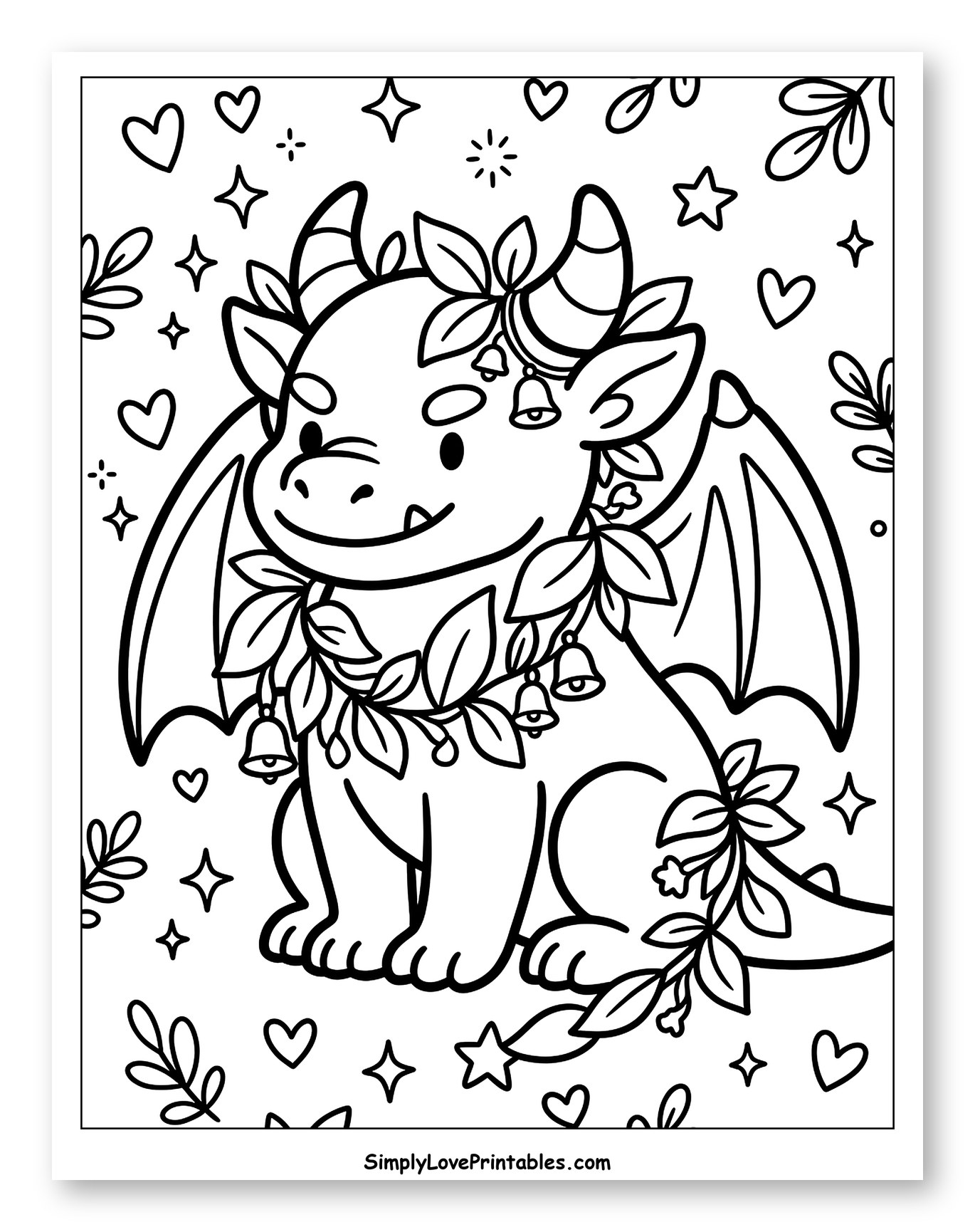 Cute Dragon with Leaf Crown and Bells Coloring Page for Adults
