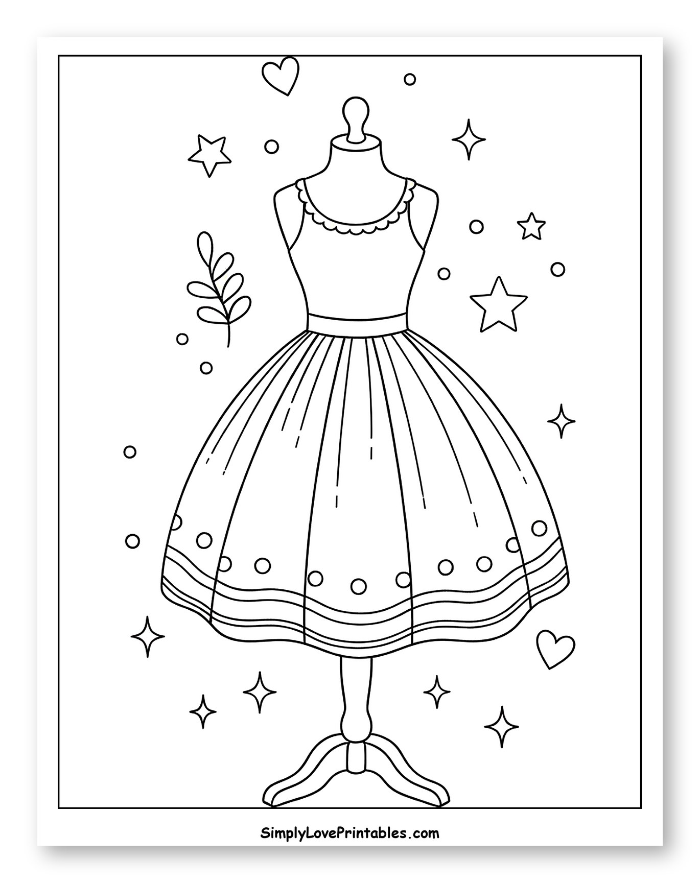 Cute Dress on Mannequin with Stars and Hearts Coloring Page for Adults