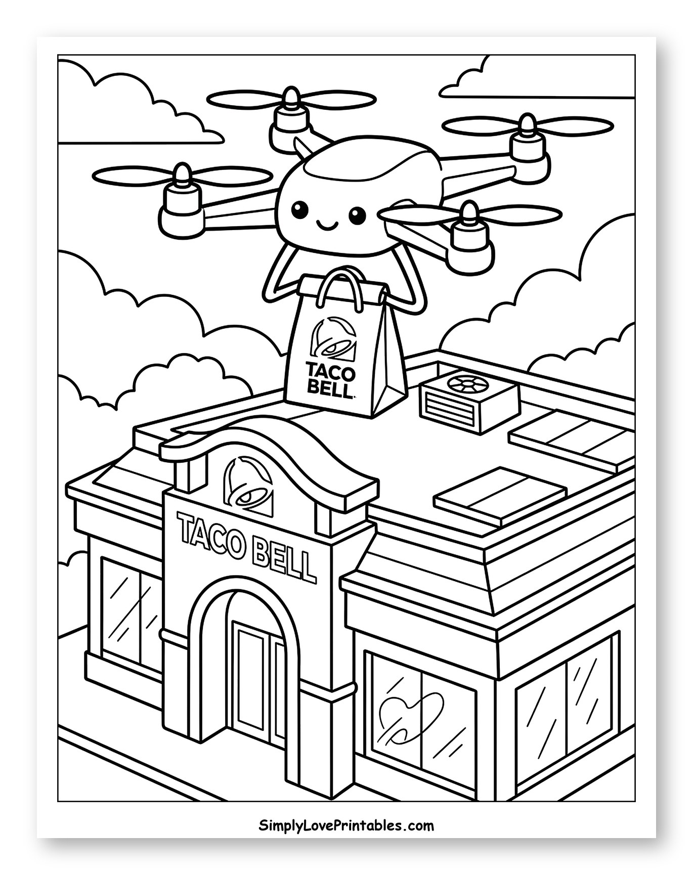 Cute Drone Delivering Taco Bell to Restaurant to Color for Kids