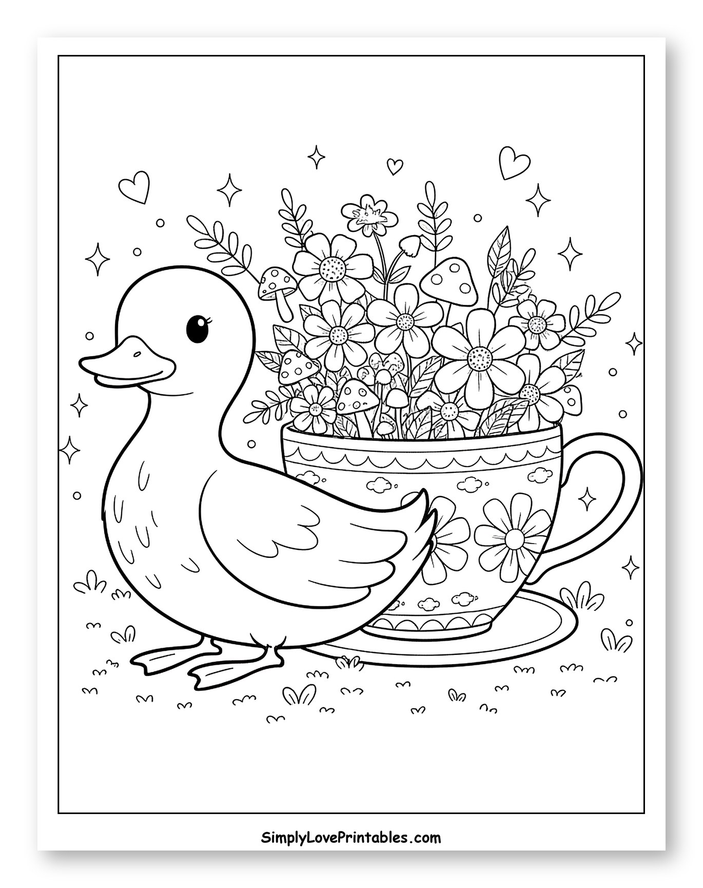 Cute Duck Beside Floral Teacup with Mushrooms