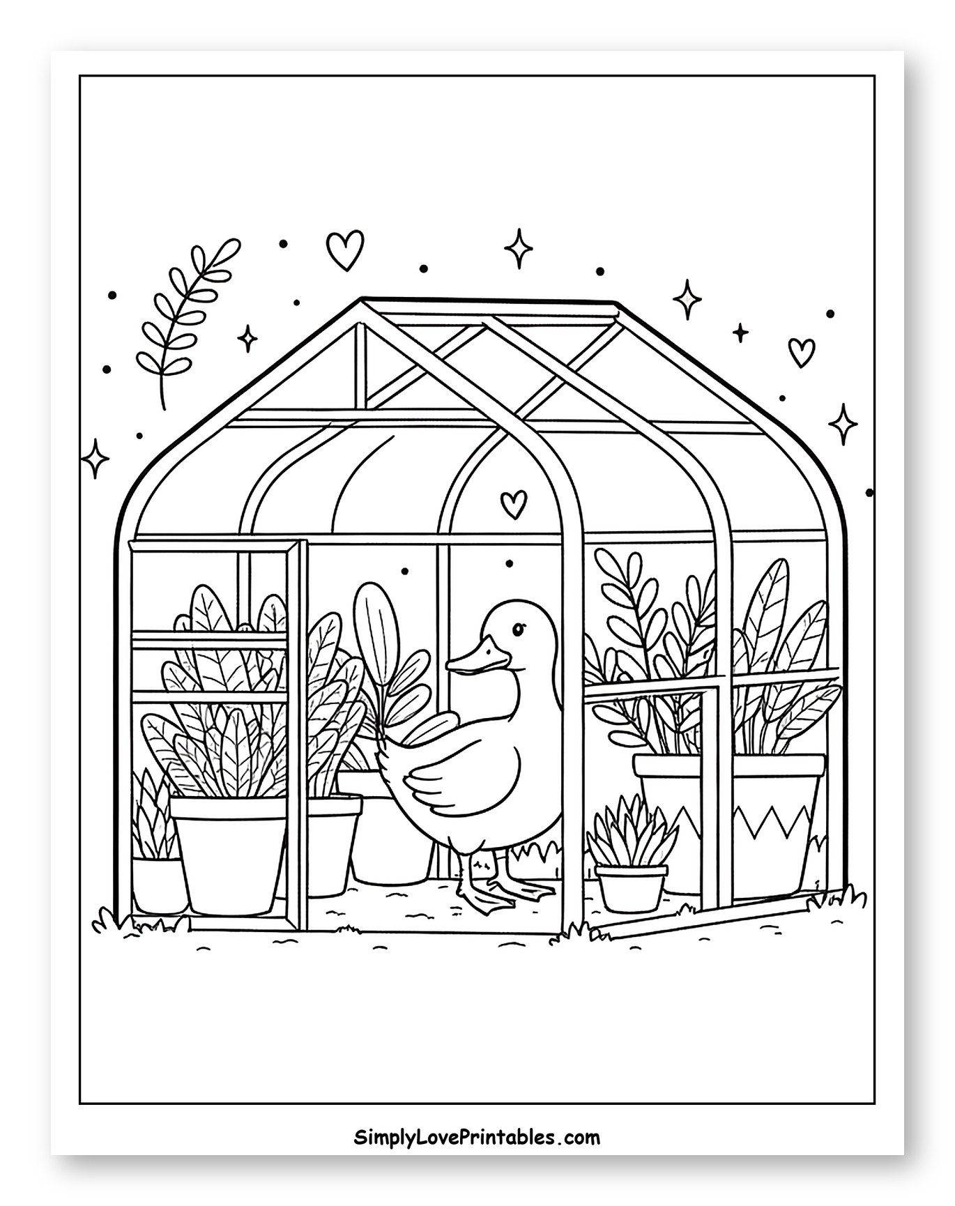 Cute Duck Inside a Plant-Filled Greenhouse to Color for Adults