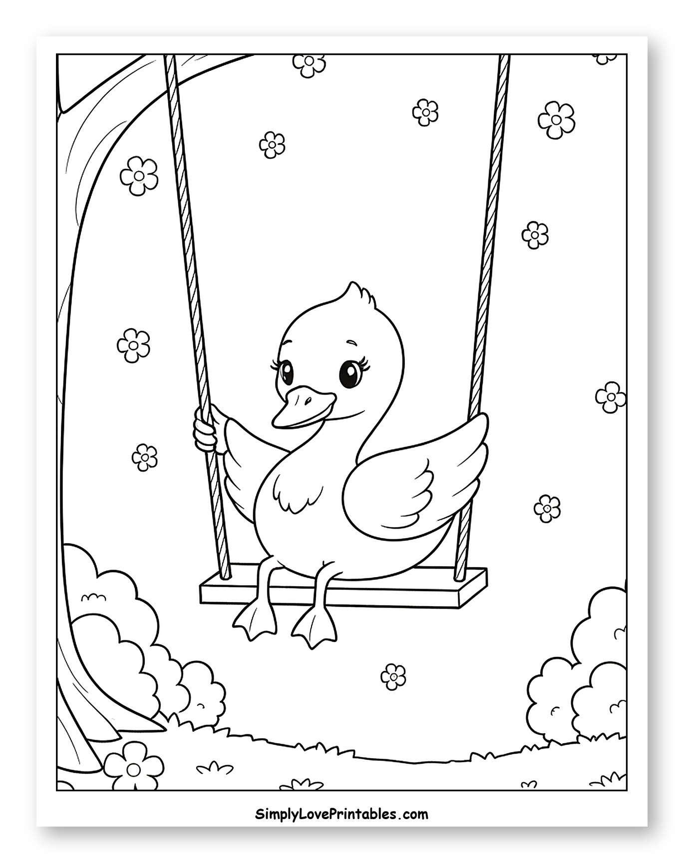 Cute Duck on a Swing in a Garden Coloring Page for Kids