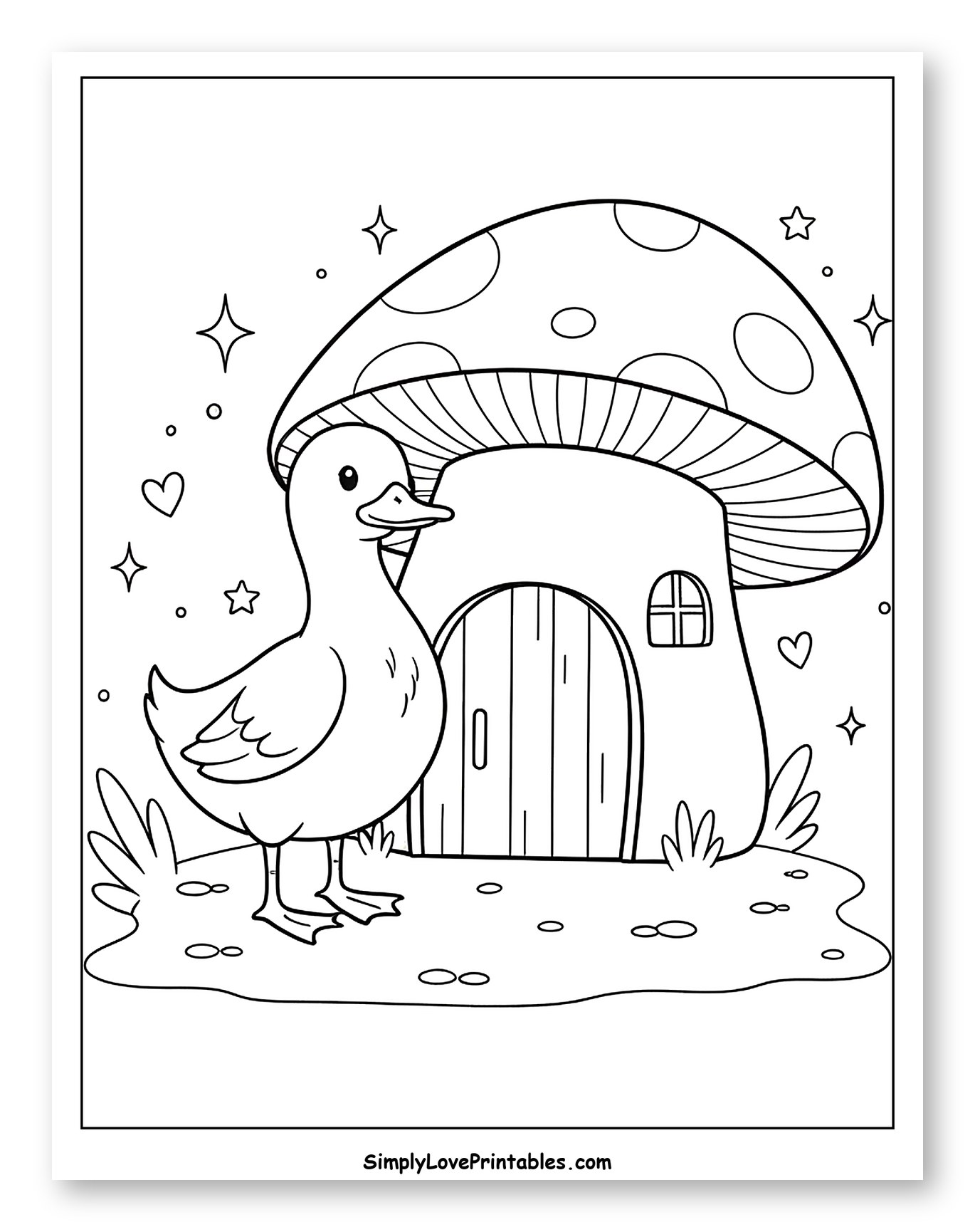 Cute Duck Standing by a Whimsical Mushroom House to Color for Adults