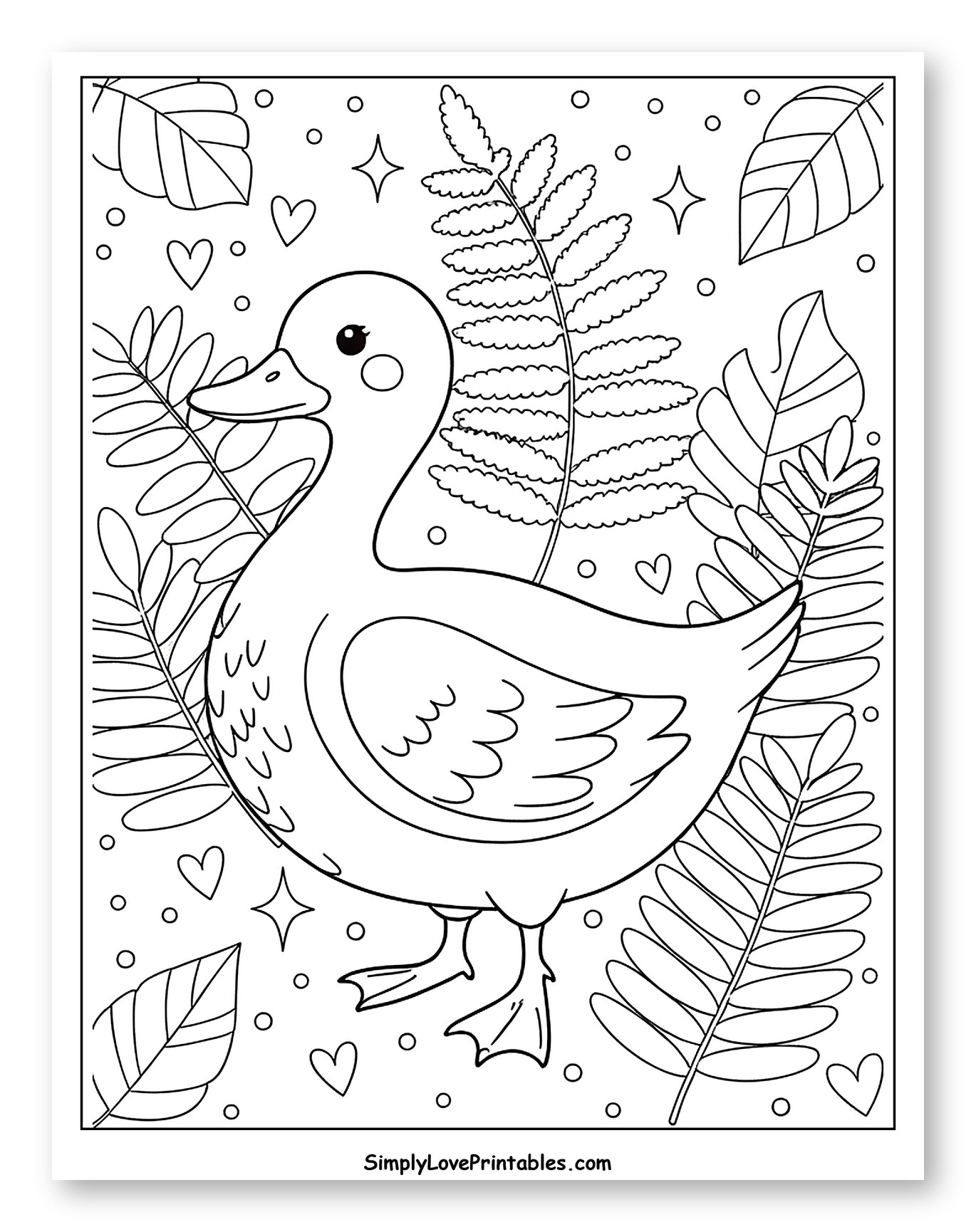 Cute Duck with Ferns and Hearts Coloring Page for Adults