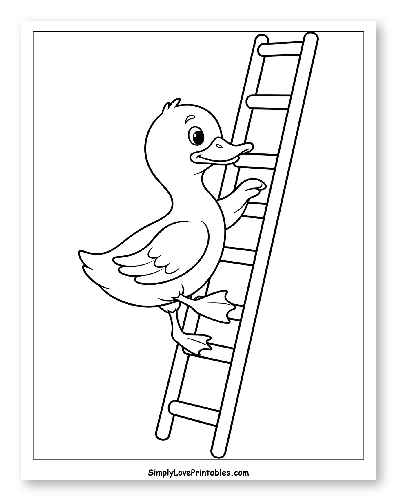 Cute Duckling Climbing a Ladder Coloring Page for Toddlers