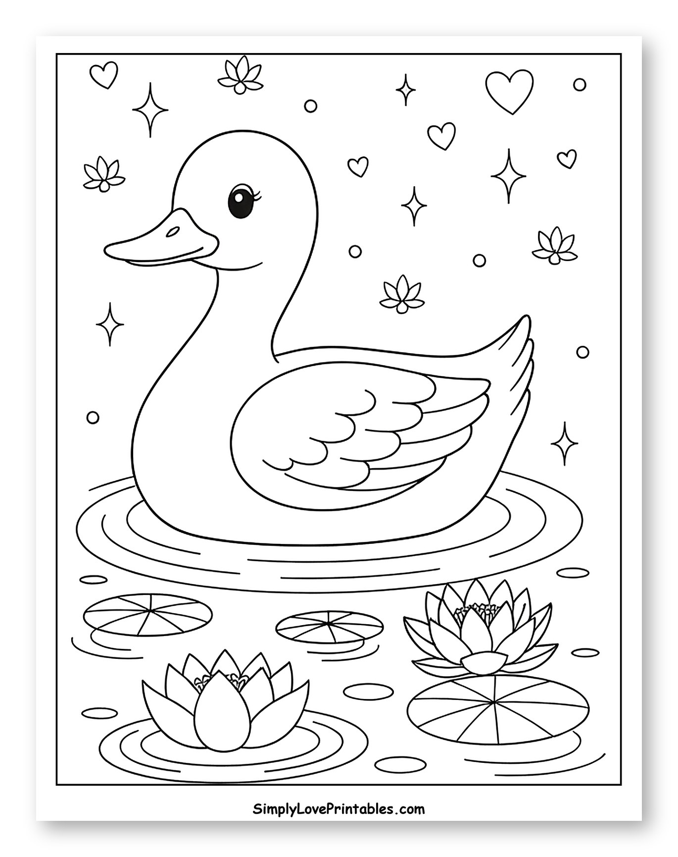 Cute Duckling Floating Among Water Lilies
