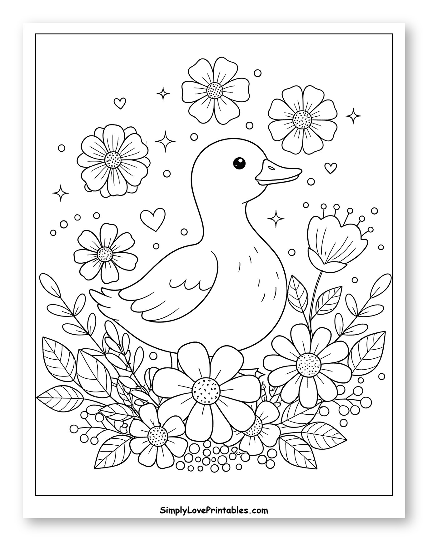 Cute Duckling Surrounded by Flowers and Sparkles
