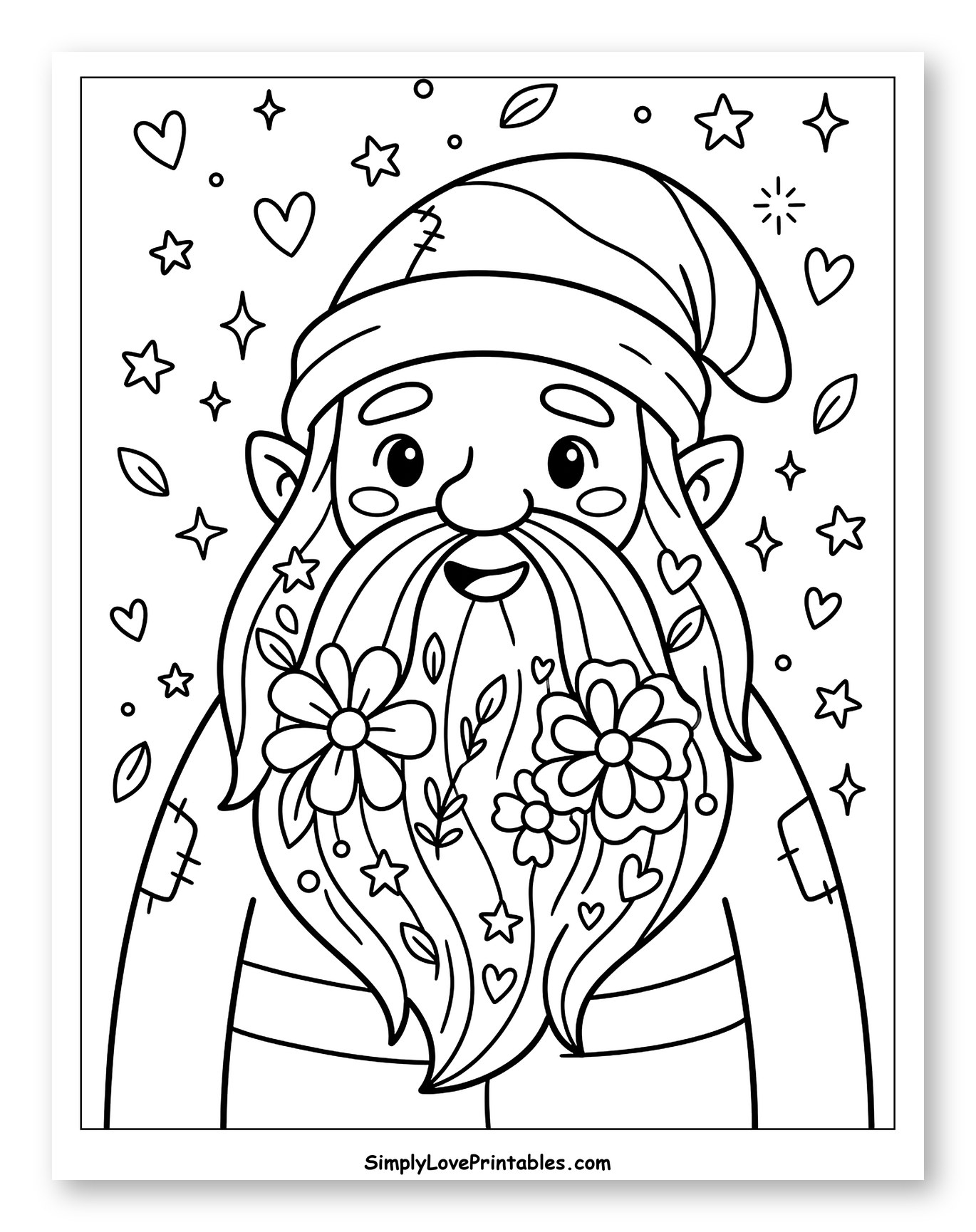 Cute Dwarf with Flowers in his Beard Coloring Sheet for Adults