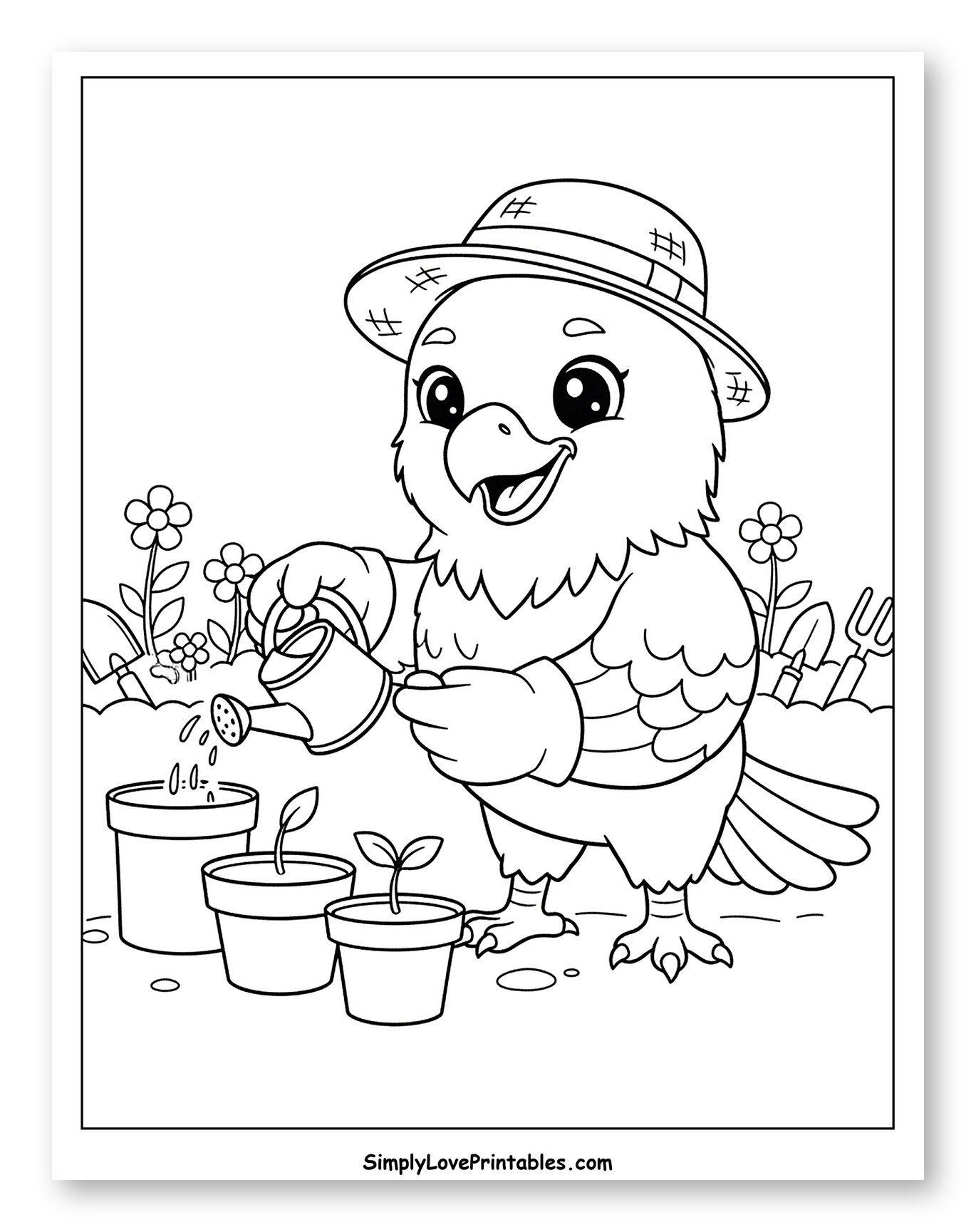 Cute Eagle in a Hat Watering Seedlings Coloring Page for Kids