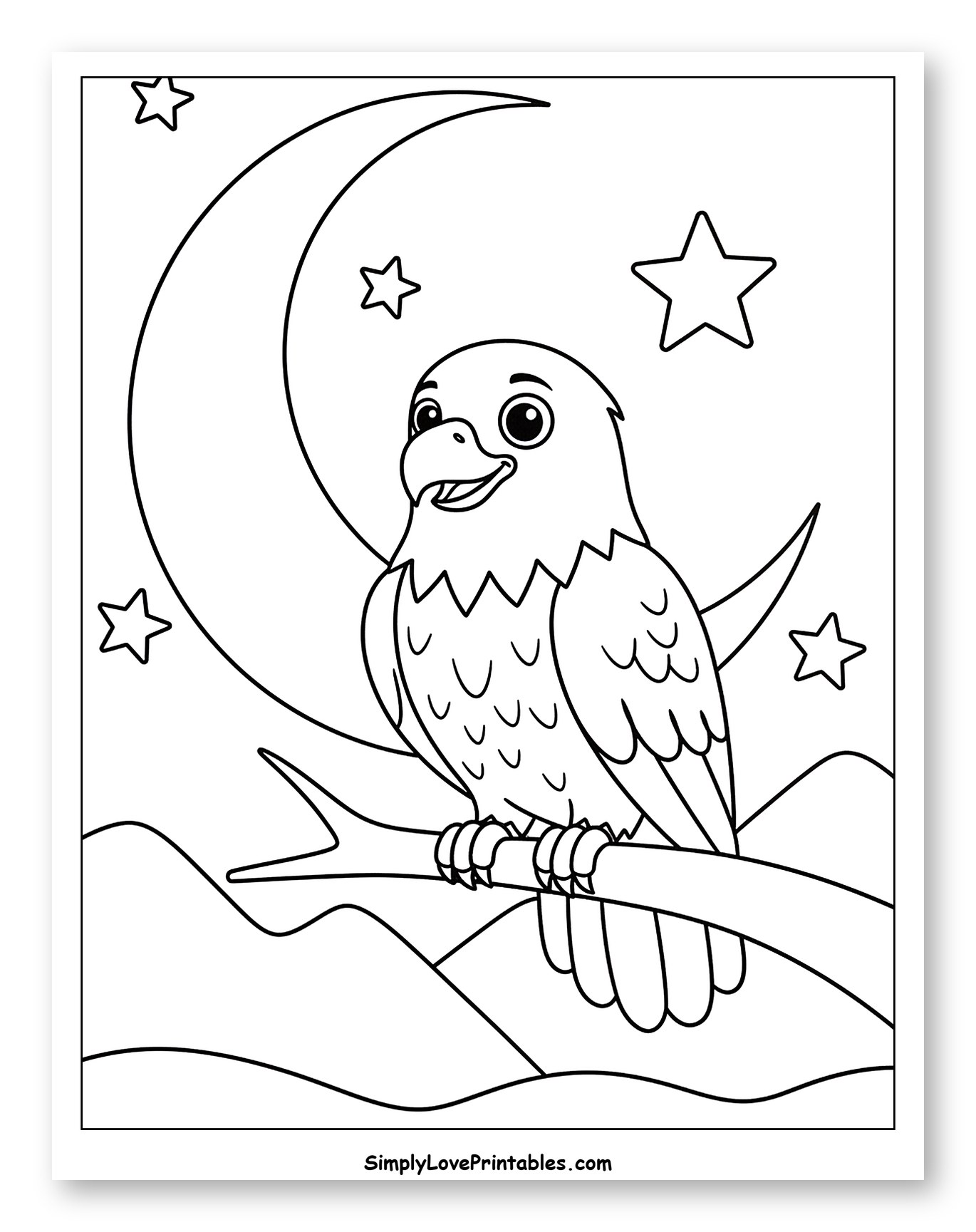 Cute Eagle Perched Under a Crescent Moon to Color for Toddlers