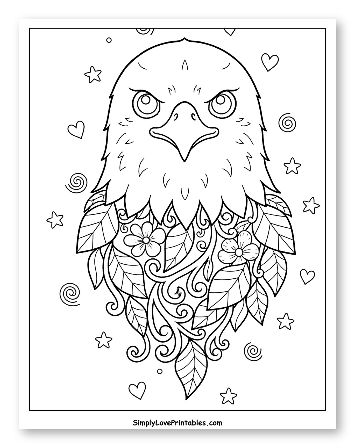 Cute Eagle with Intricate Leafy Pattern Coloring Sheet for Adults