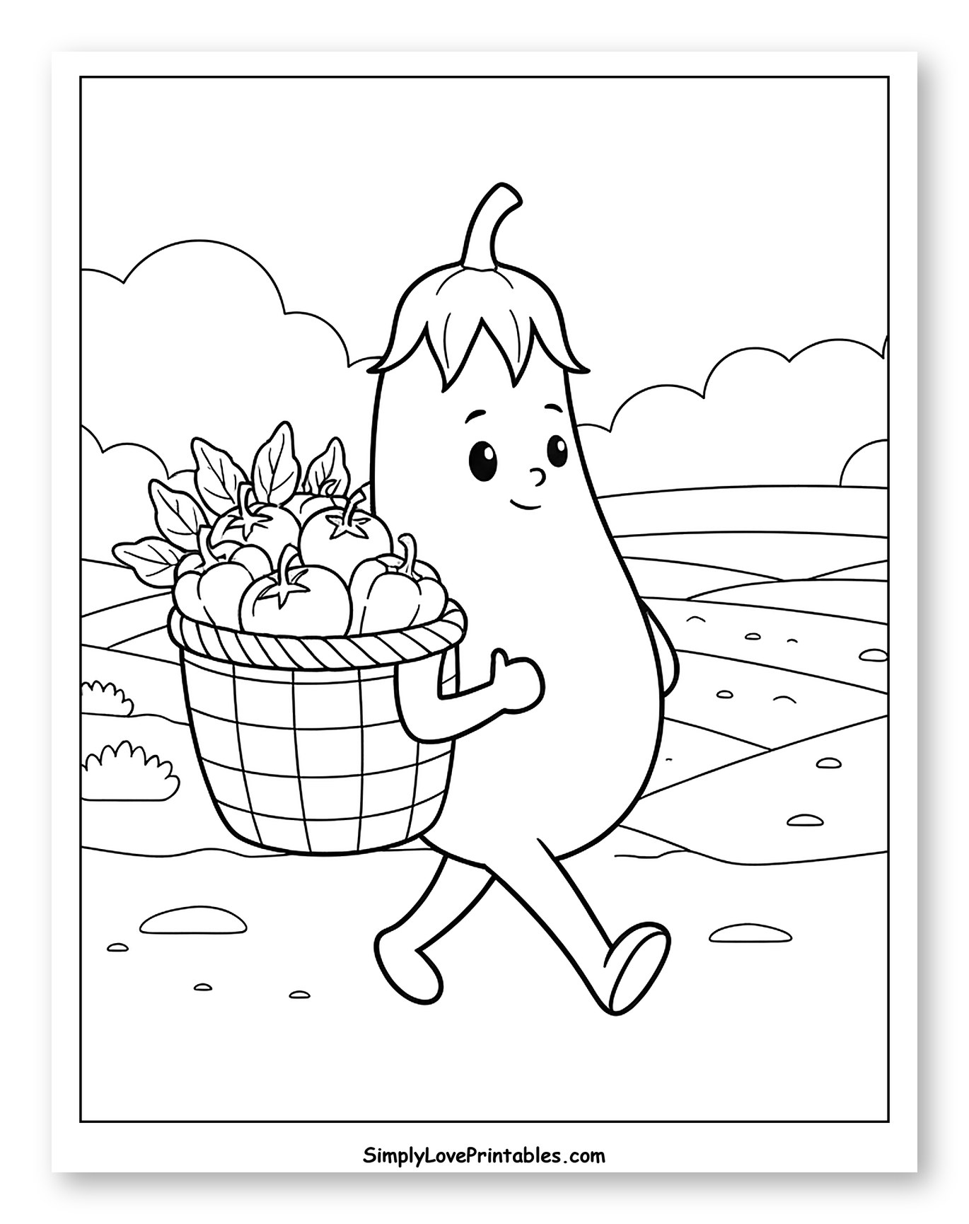 Cute Eggplant Character Carrying a Basket Coloring Sheet for Kids