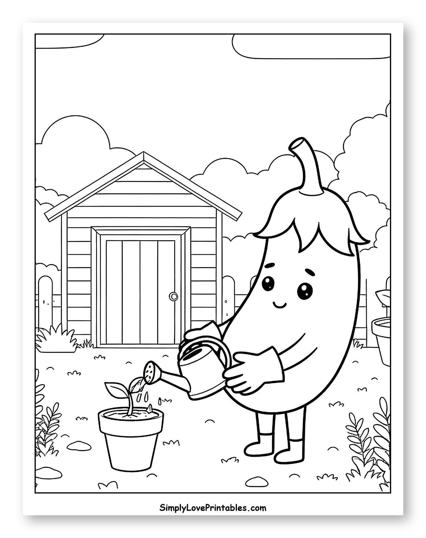 Cute Eggplant Character Watering a Plant in Garden to Color for Kids