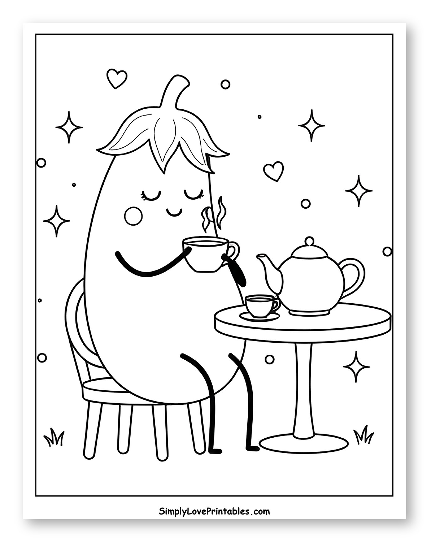 Cute Eggplant Enjoying a Tea Party