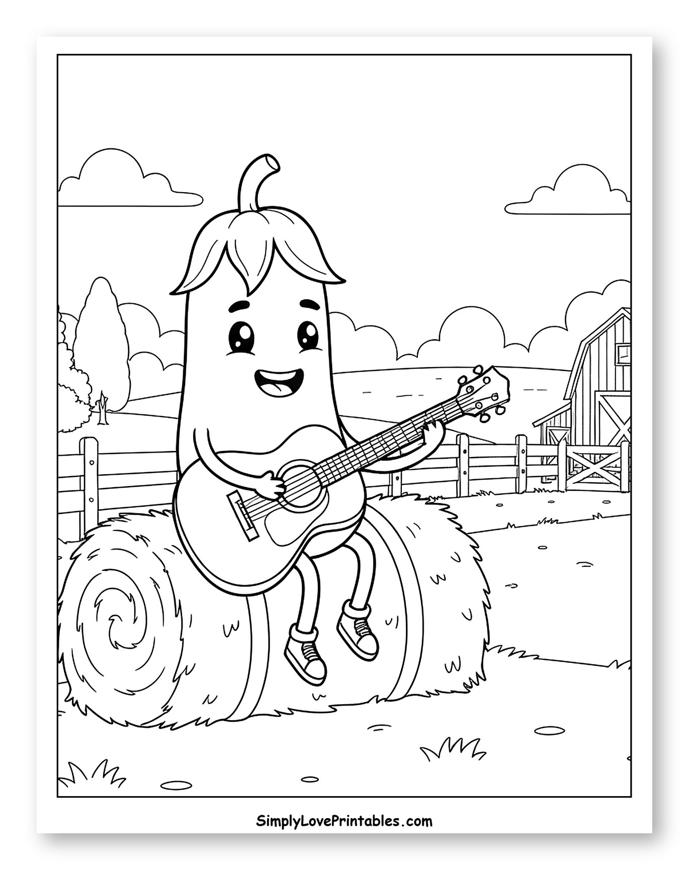 Cute Eggplant Playing Guitar on a Farm to Color for Kids