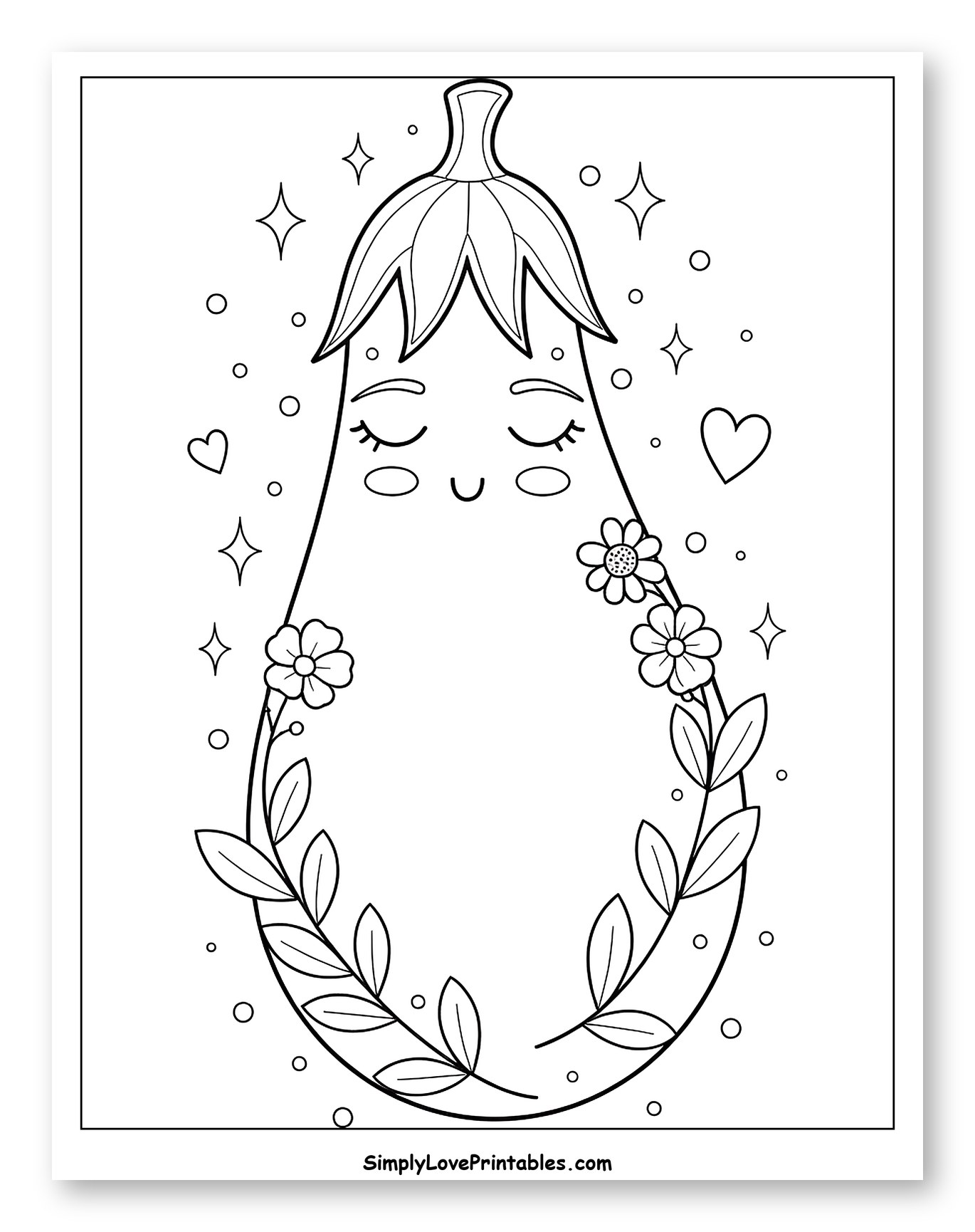 Cute Eggplant with Floral Garland to Color for Adults