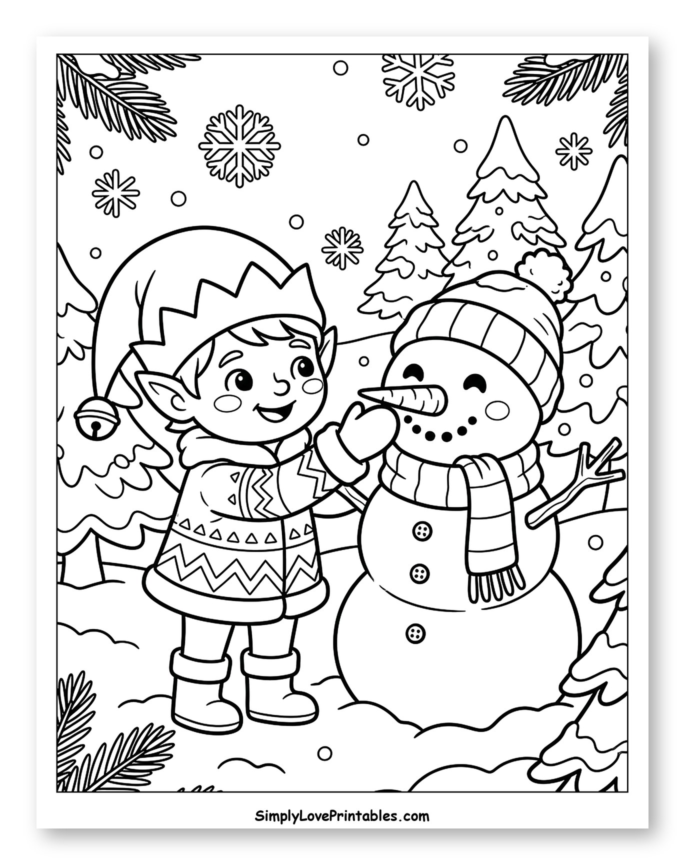Cute Elf Adding a Carrot Nose to a Snowman