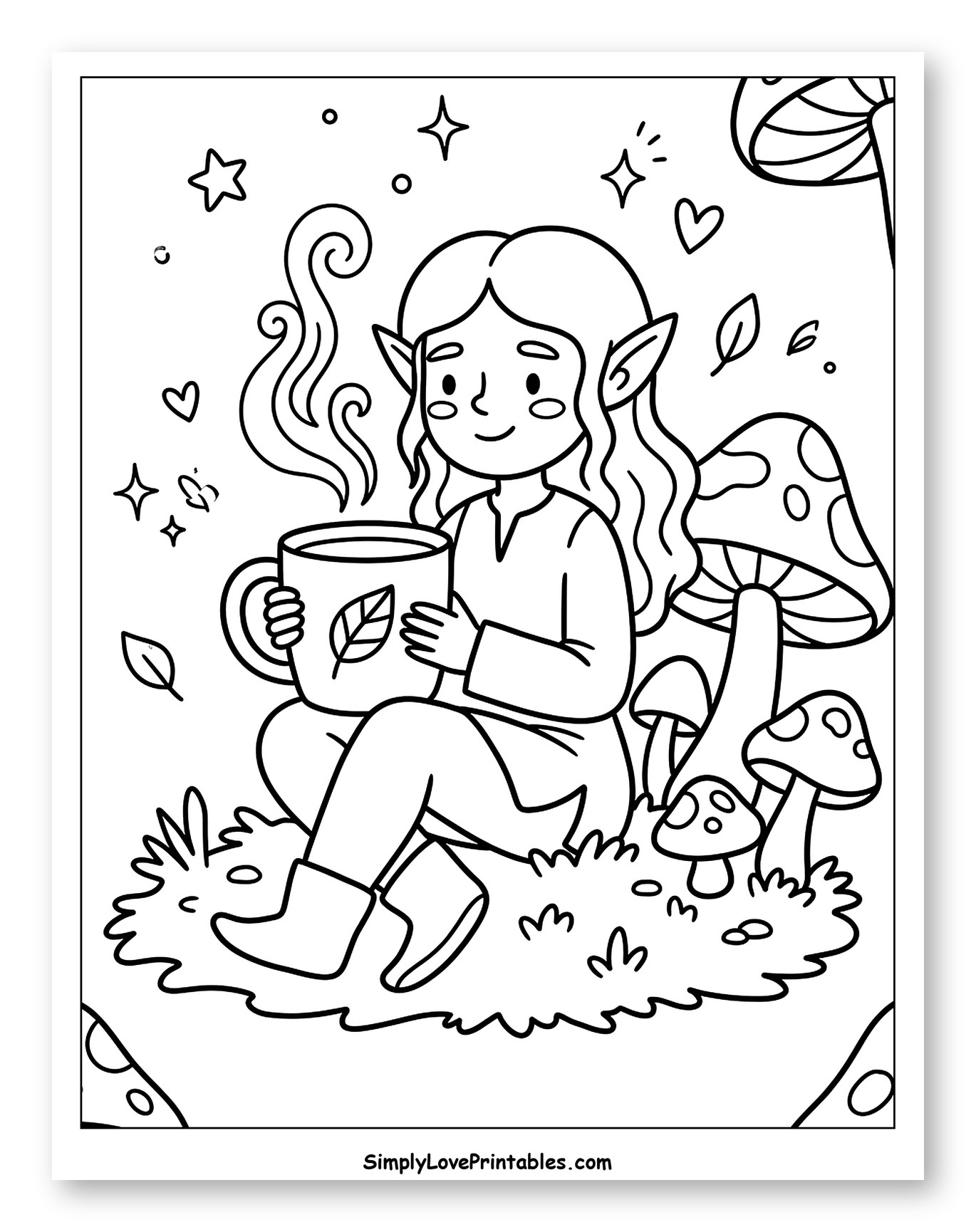 Cute Elf Enjoying Tea Among Mushrooms Coloring Page for Adults