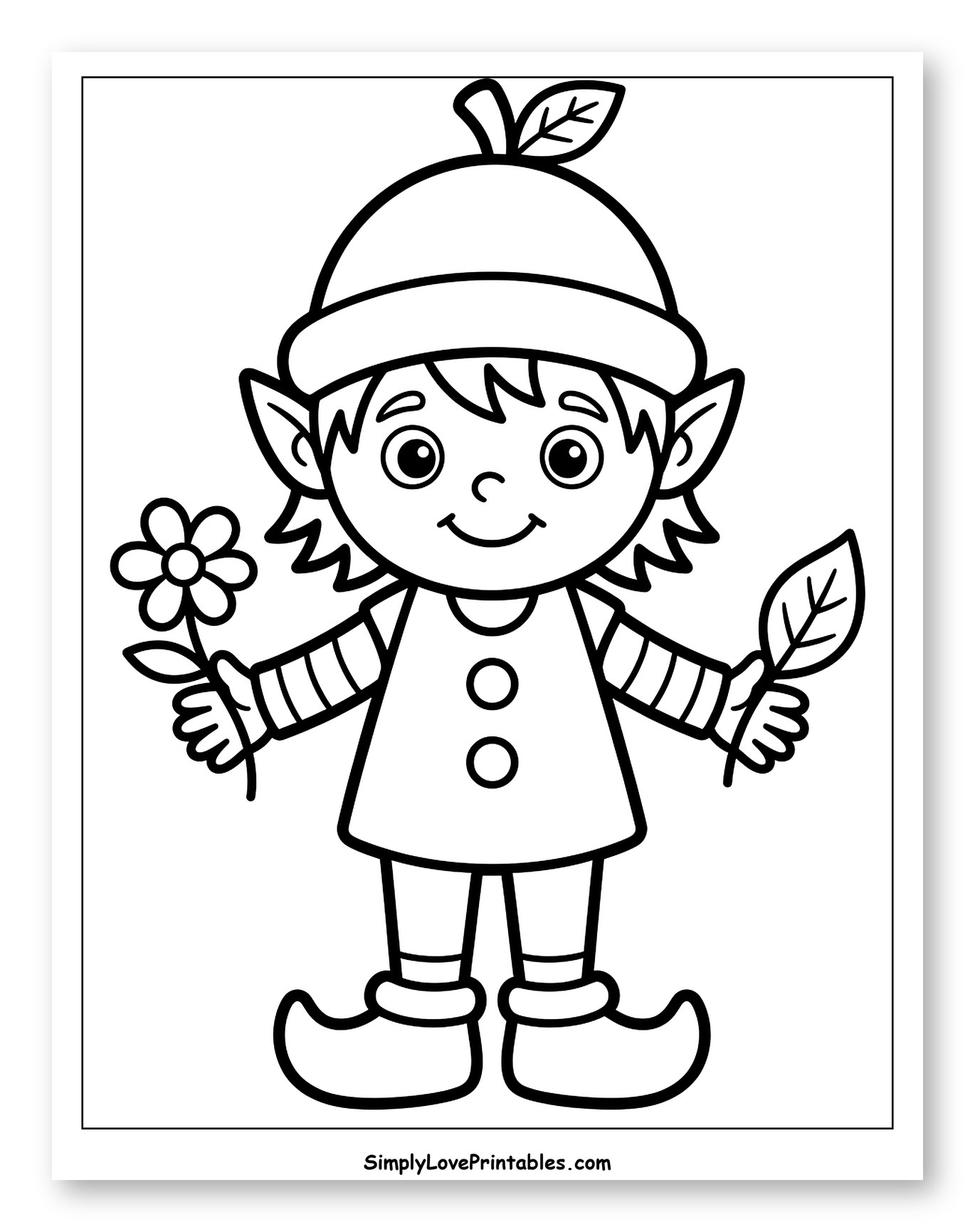 Cute Elf Holding Flower and Leaf to Color for Toddlers