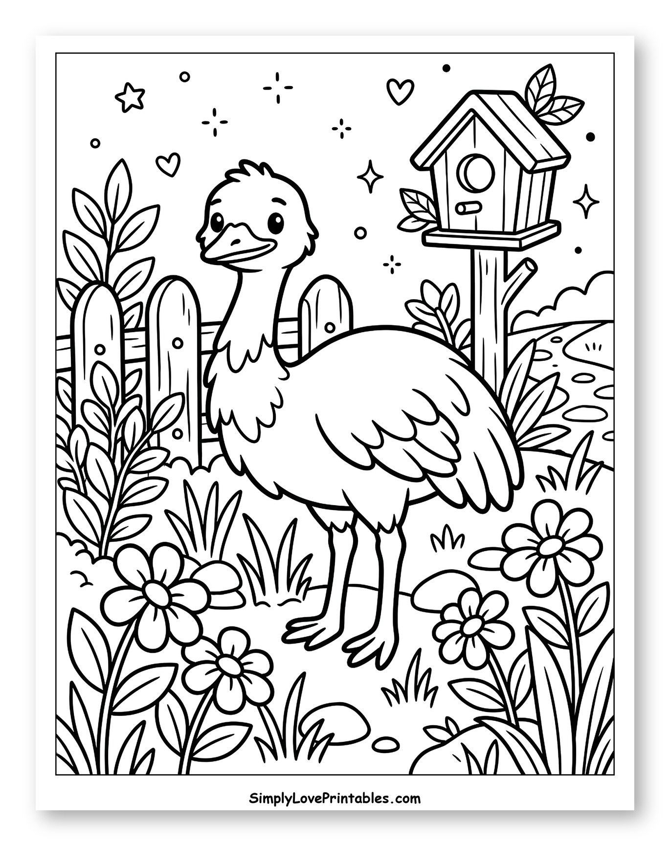 Cute Emu in a Garden with a Birdhouse to Color for Adults