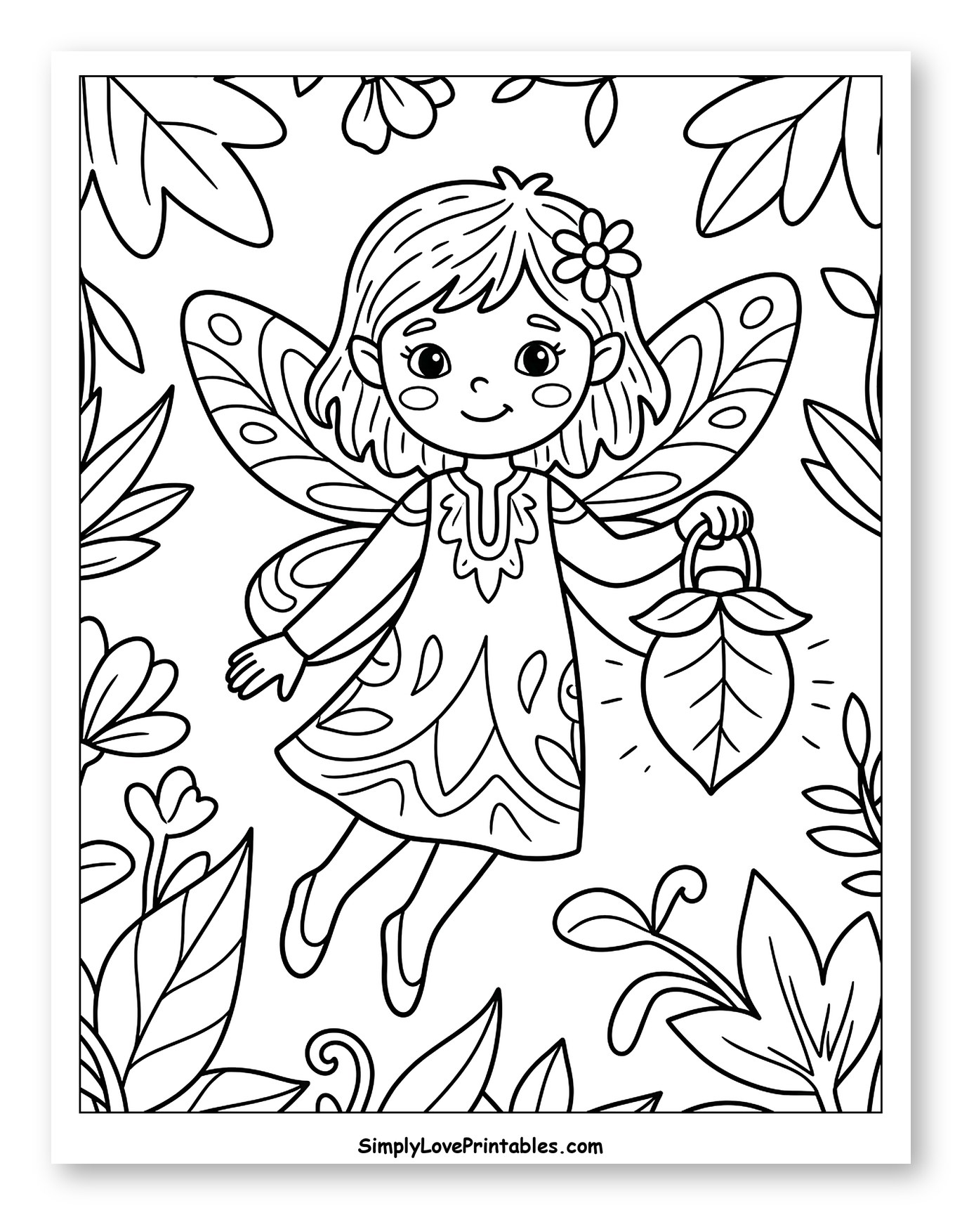 Cute Fairy Flying with Leaf Lantern Coloring Sheet for Toddlers