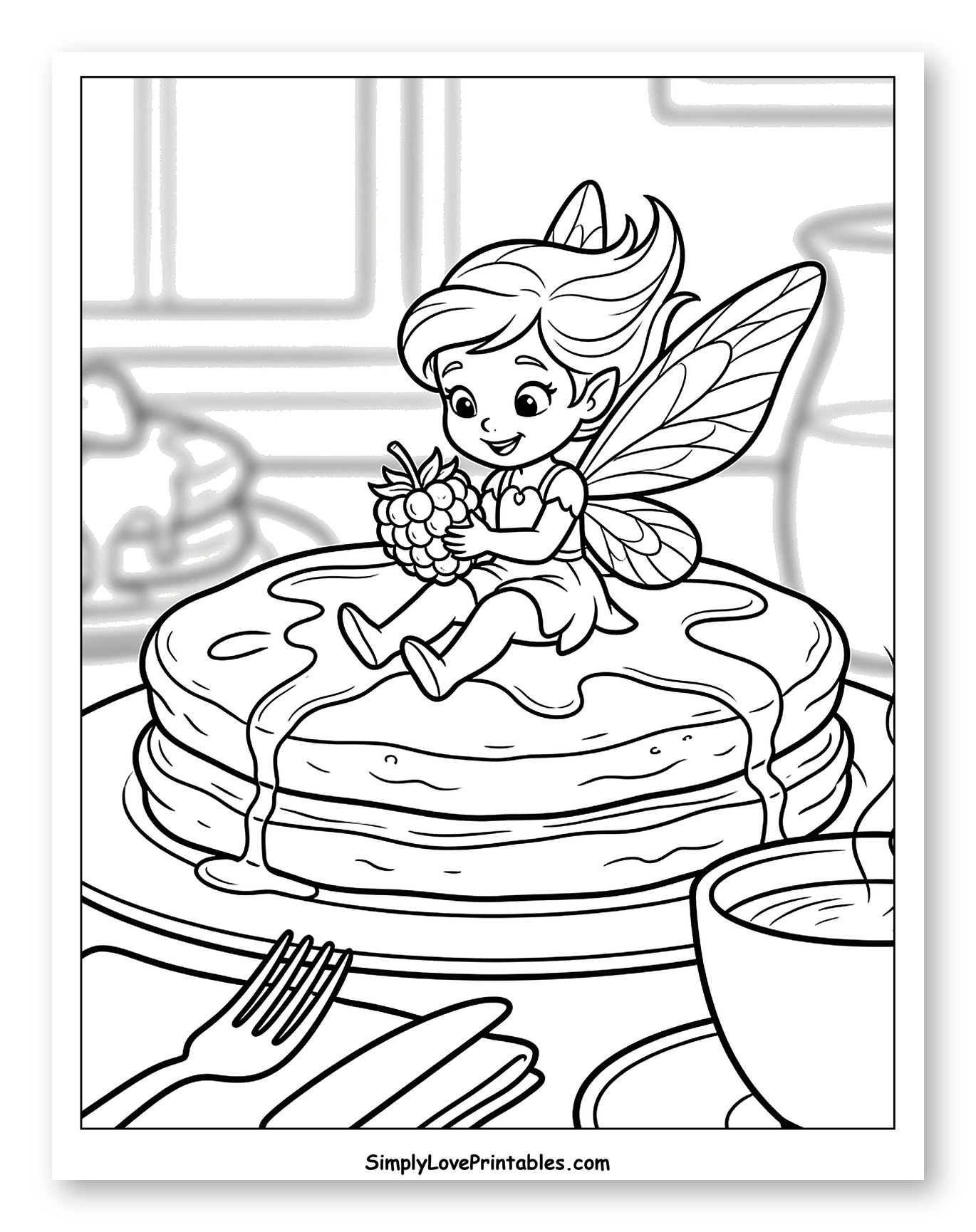 Cute Fairy Sitting on Pancakes with Berry to Color for Kids