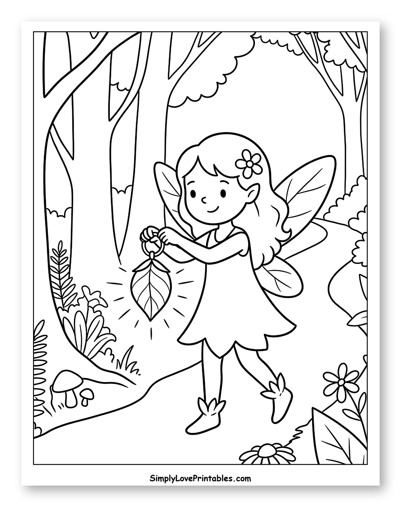 Cute Fairy Walking Through Forest with Leaf Lantern