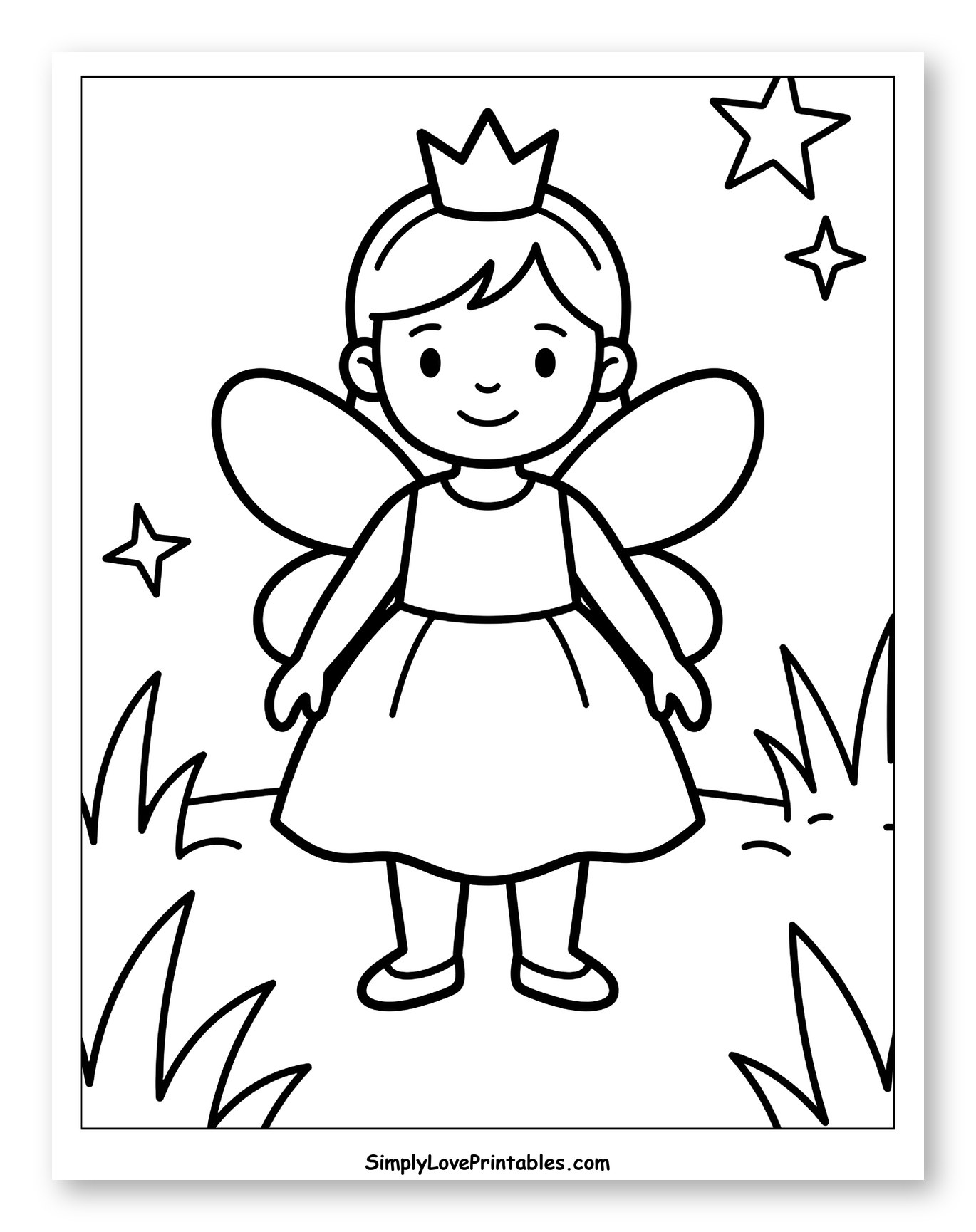 Cute Fairy with Crown and Wings in Grass Coloring Page for Toddlers