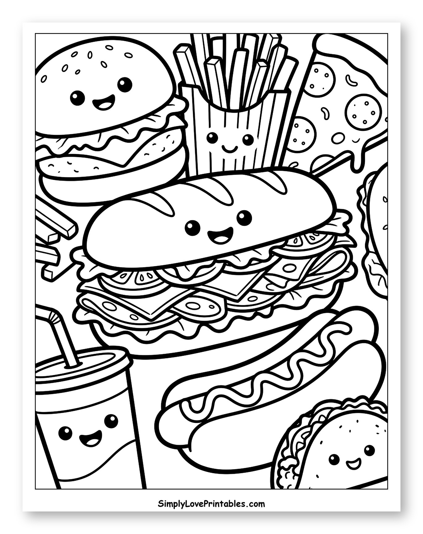 Cute Fast Food Feast with Happy Faces to Color for Toddlers