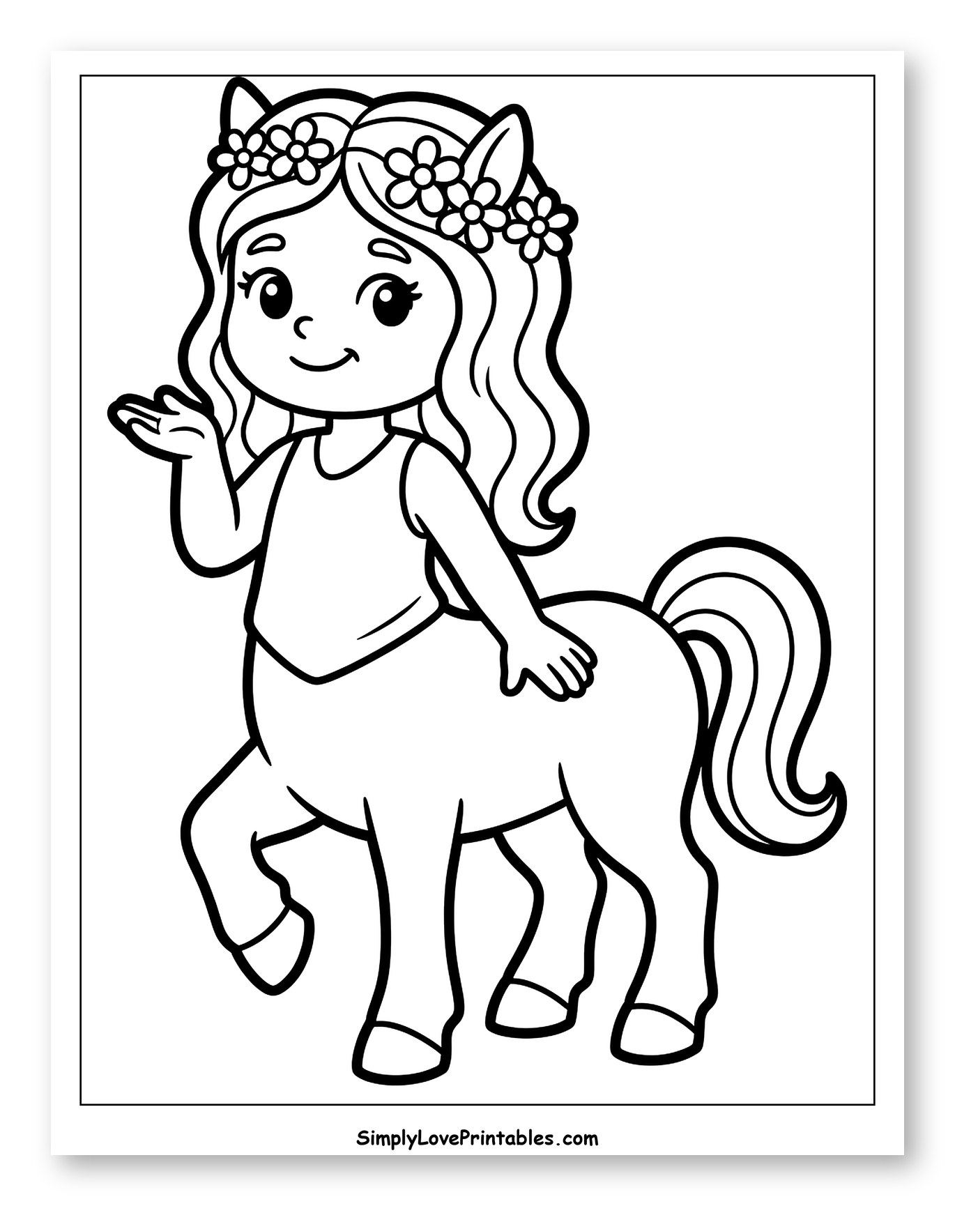 Cute Female Centaur with Flower Crown Coloring Page for Toddlers