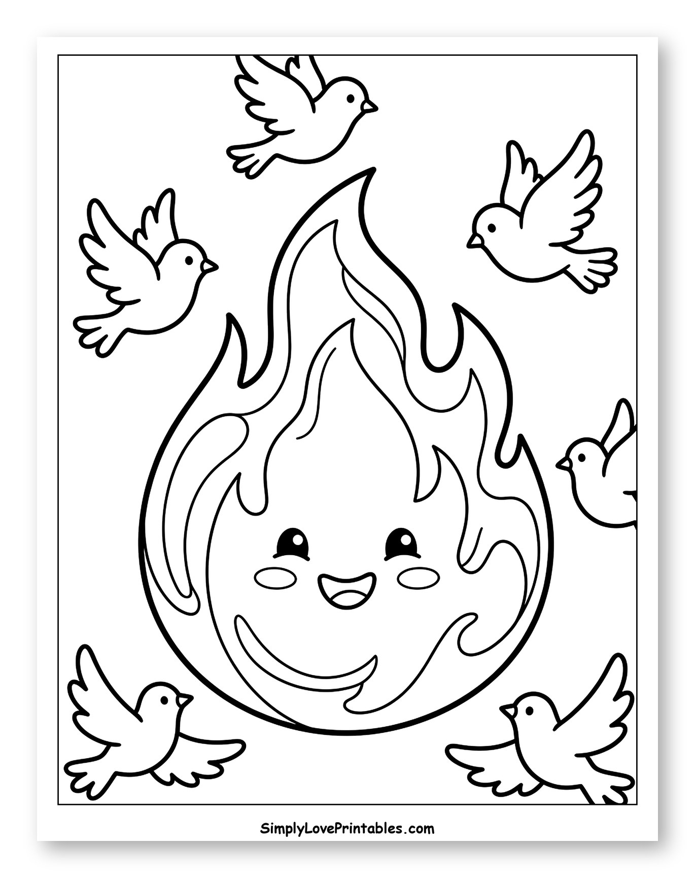 Cute Fire and Flying Doves Coloring Page for Kids