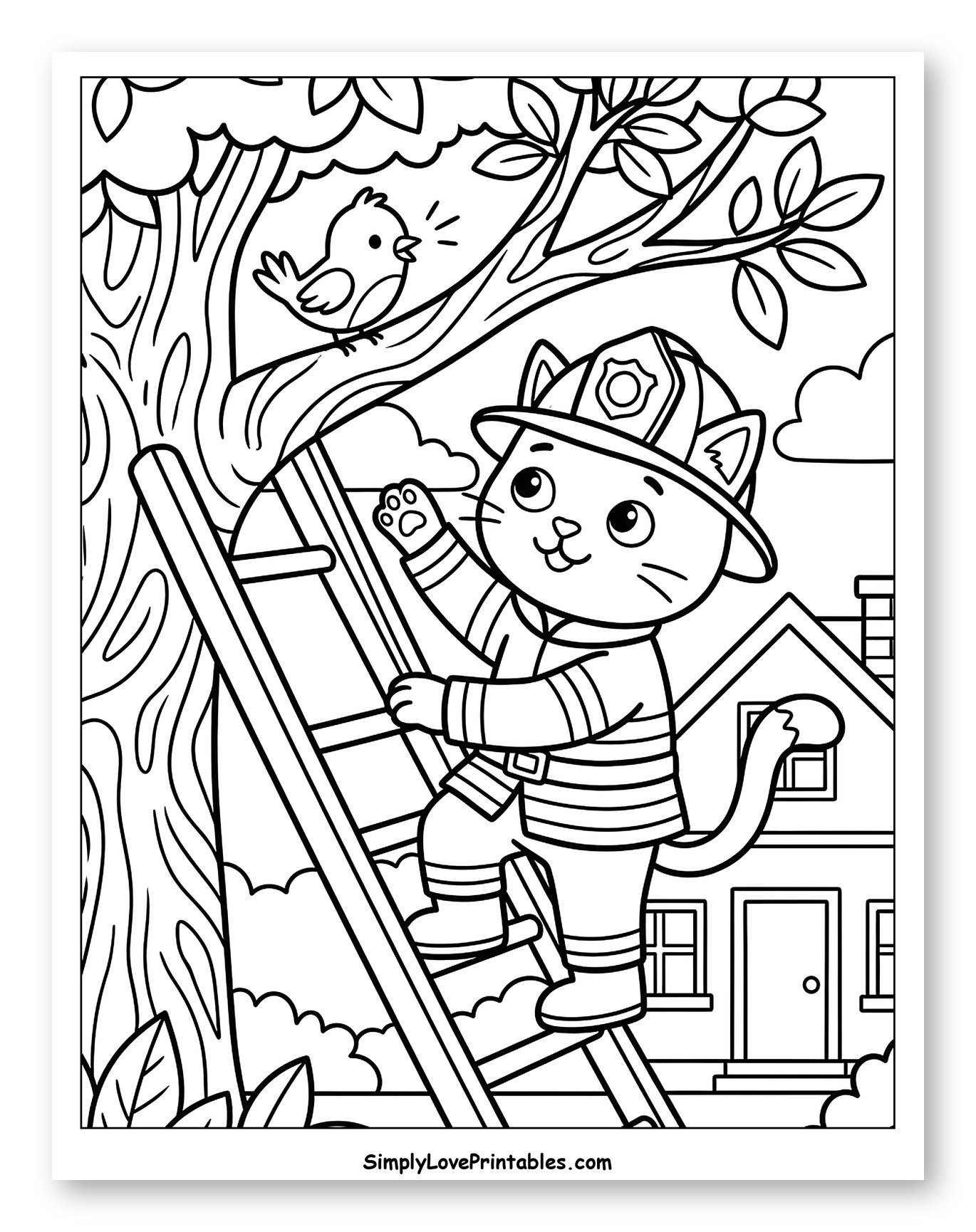 Cute Firefighter Cat Climbing Ladder Coloring Page for Kids