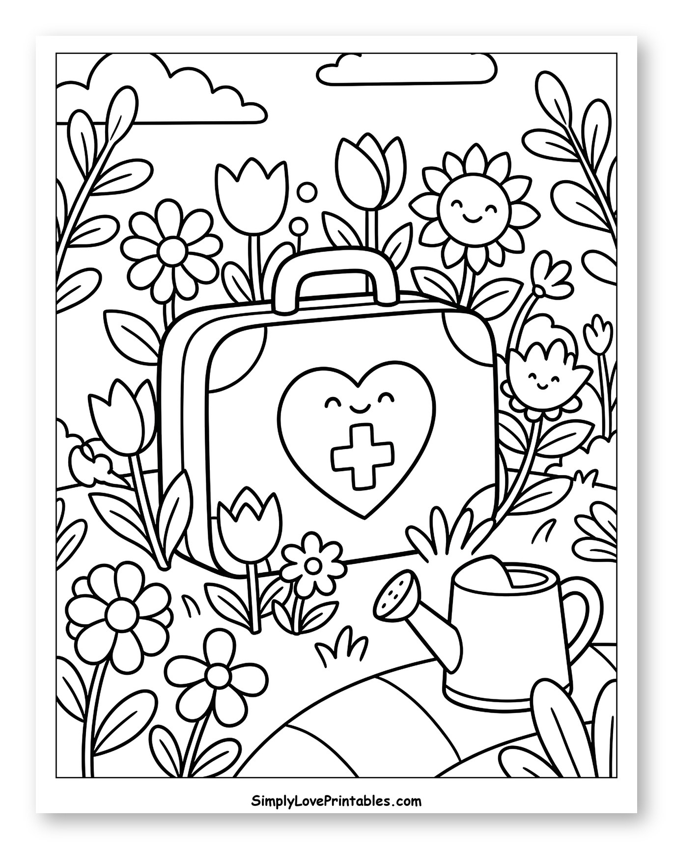 Cute First Aid Kit in a Sunny Garden to Color for Kids