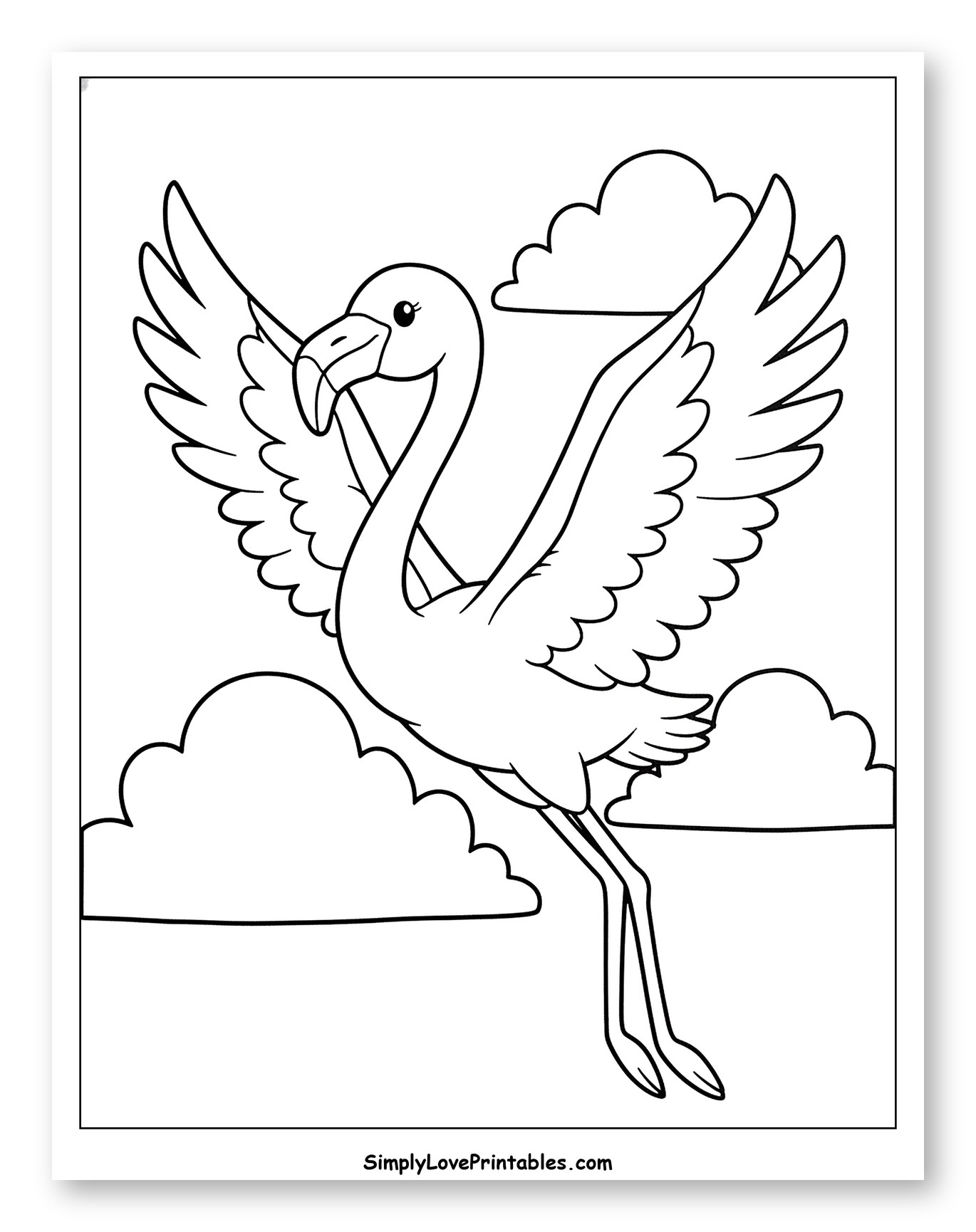 Cute Flamingo Flying with Spread Wings Coloring Sheet for Toddlers