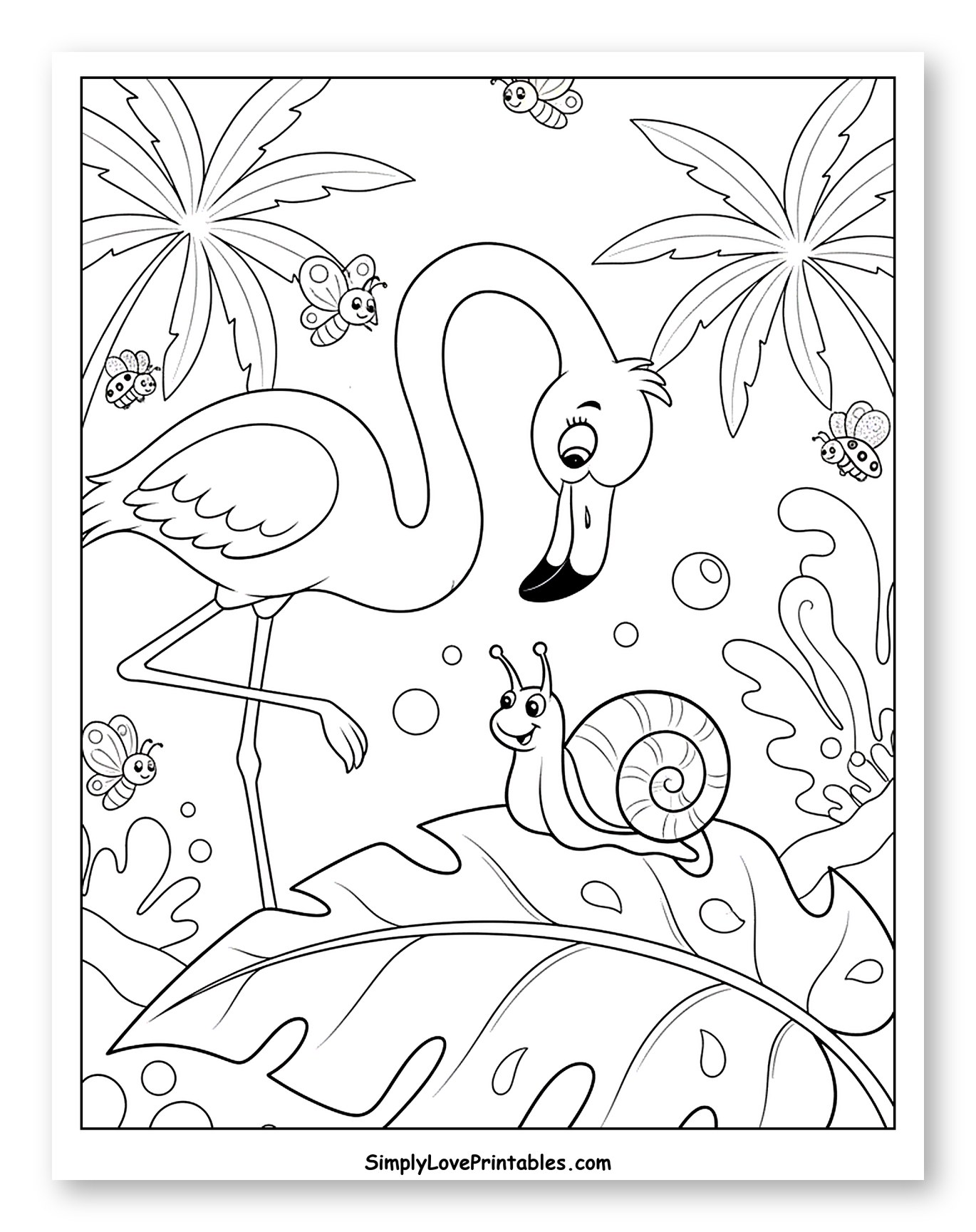 Cute Flamingo with Snail and Butterflies