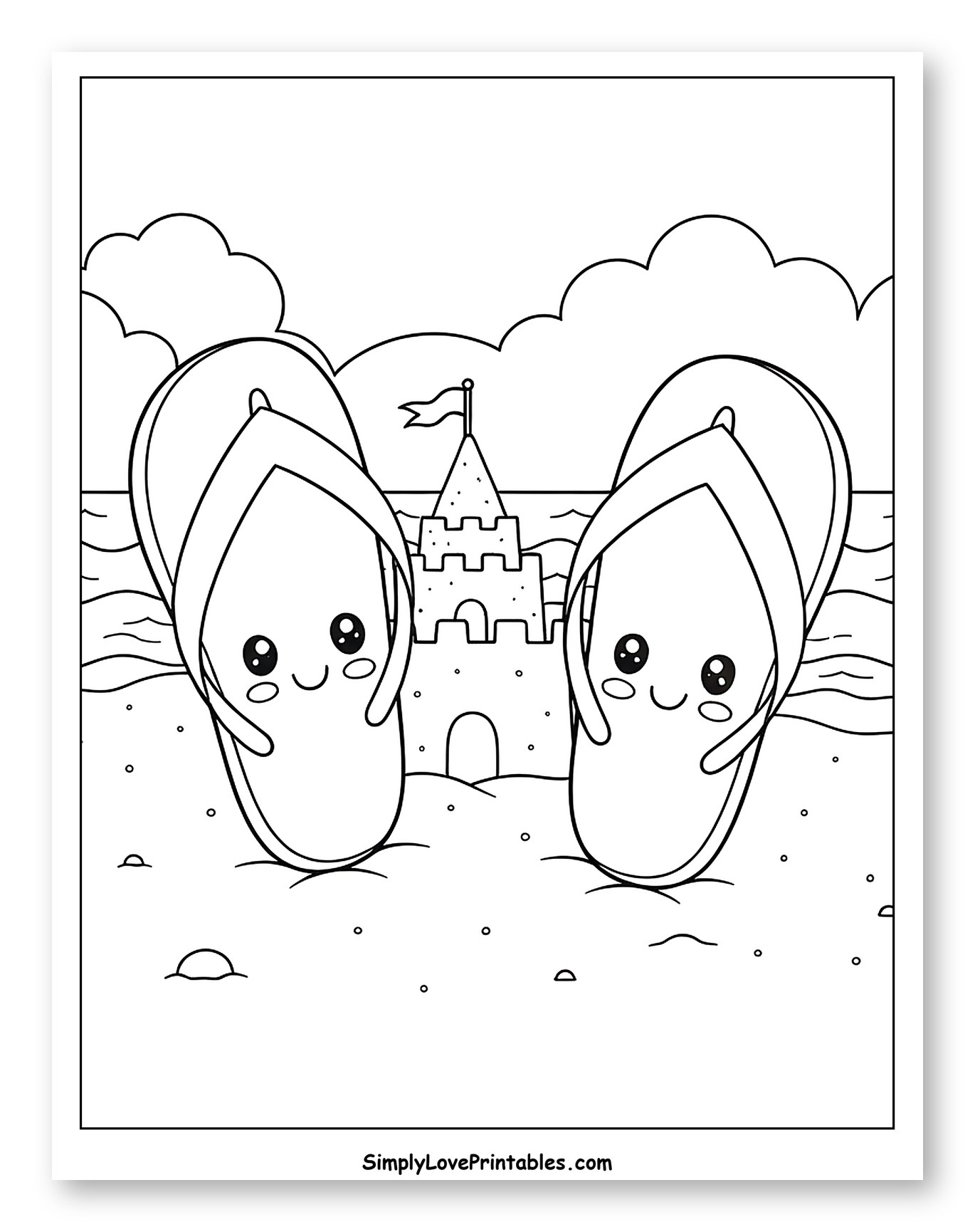 Cute Flip Flops on the Beach Coloring Sheet for Kids