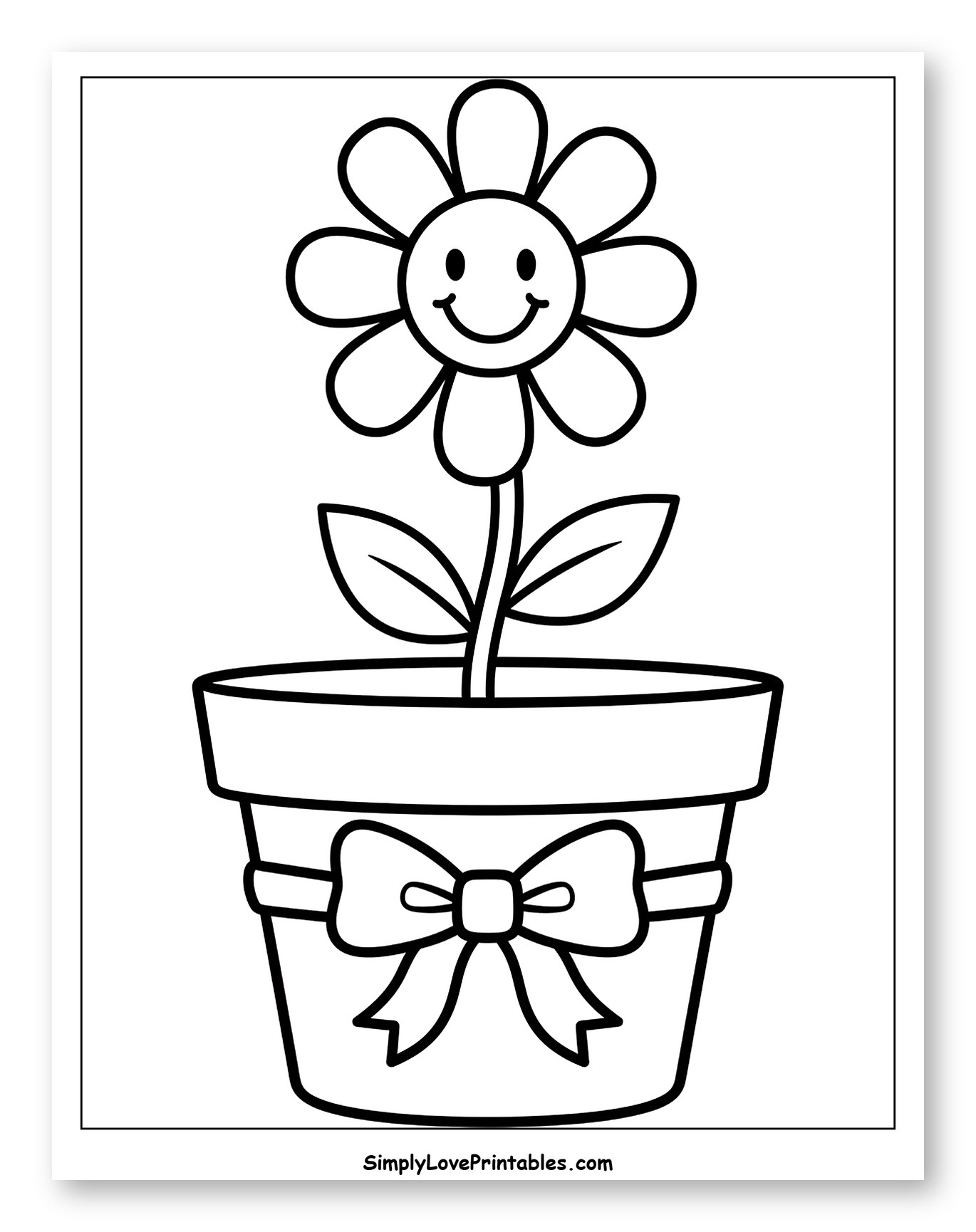 Cute Flower in a Bow-Adorned Pot Coloring Sheet for Toddlers