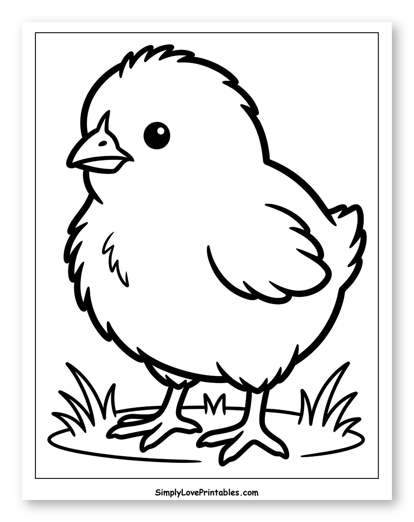 Cute Fluffy Chick Standing in Grass Coloring Page for Toddlers